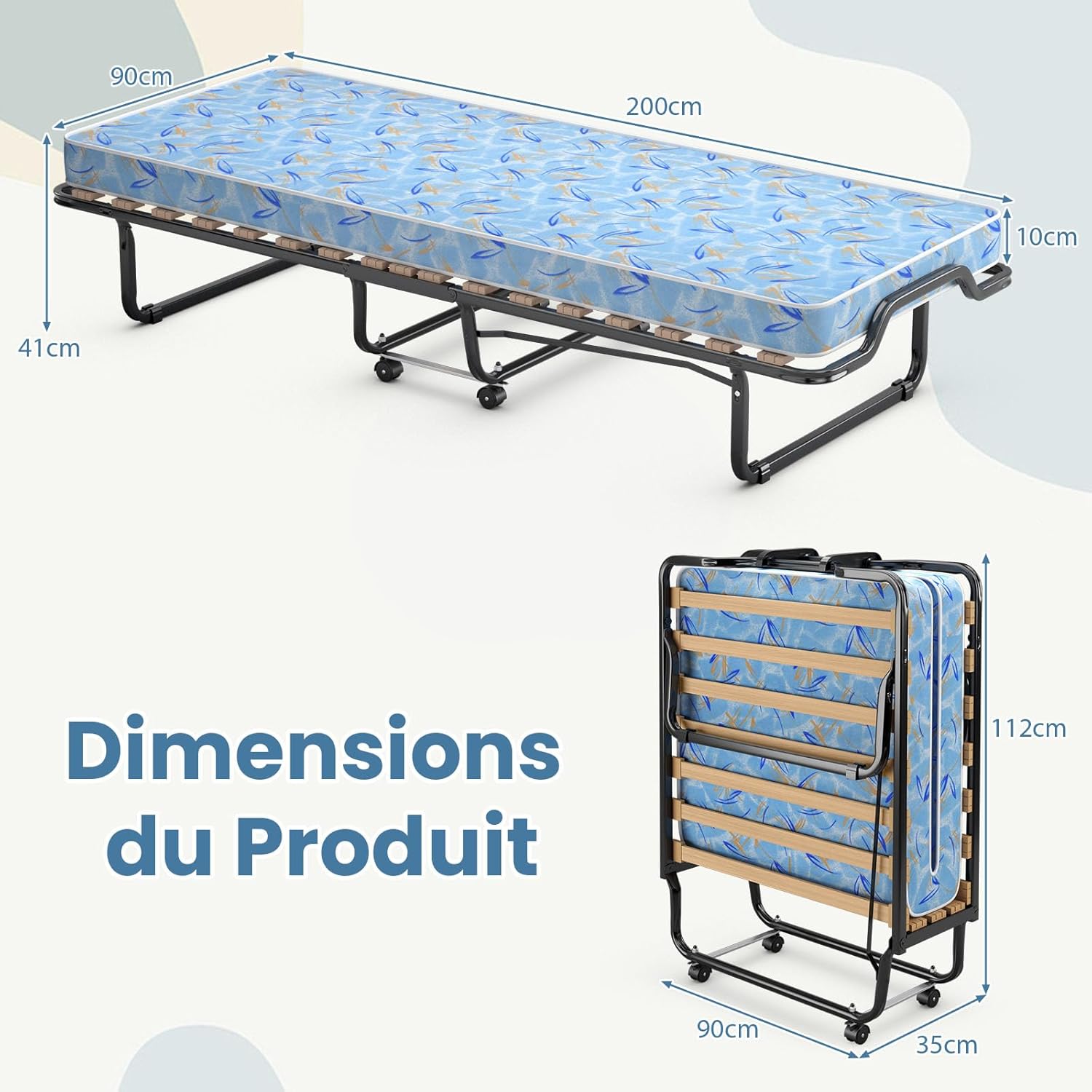 Brandina Pieghevole COSTWAY Con Materasso Memory Foam - Letto Portatile Con Ruote 200x90cm, Made In Italy - Foto 12