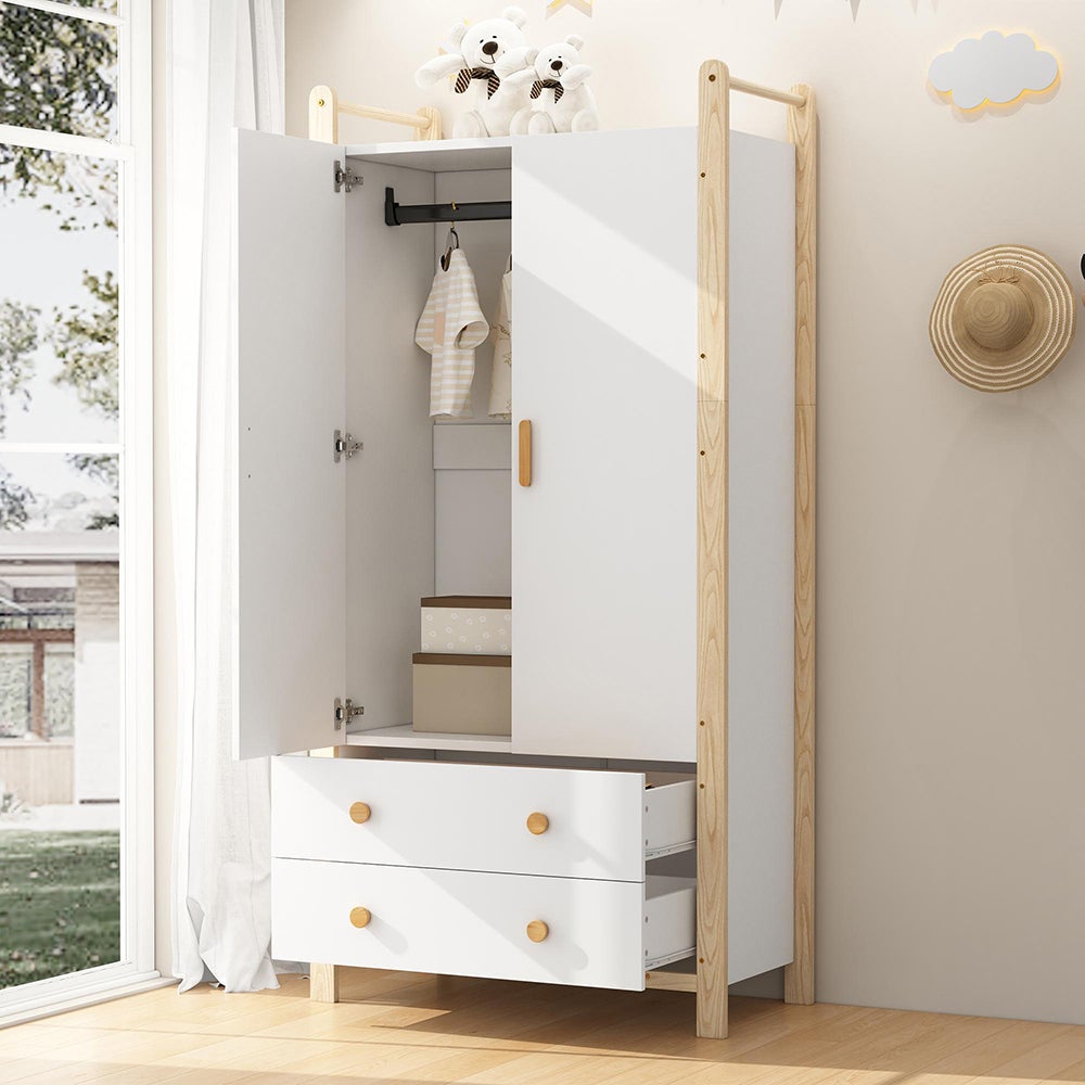 Armoire 2 portes 90x45x180cm, tringle, 2 tiroirs, aggloméré, blanc+pin. - 6