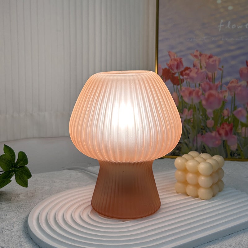 Lampa grzybek - Urocza lampka nocna z ciepłym światłem do salonu, sypialni, szklana lampka nocna, regulowana jasność (różowa)