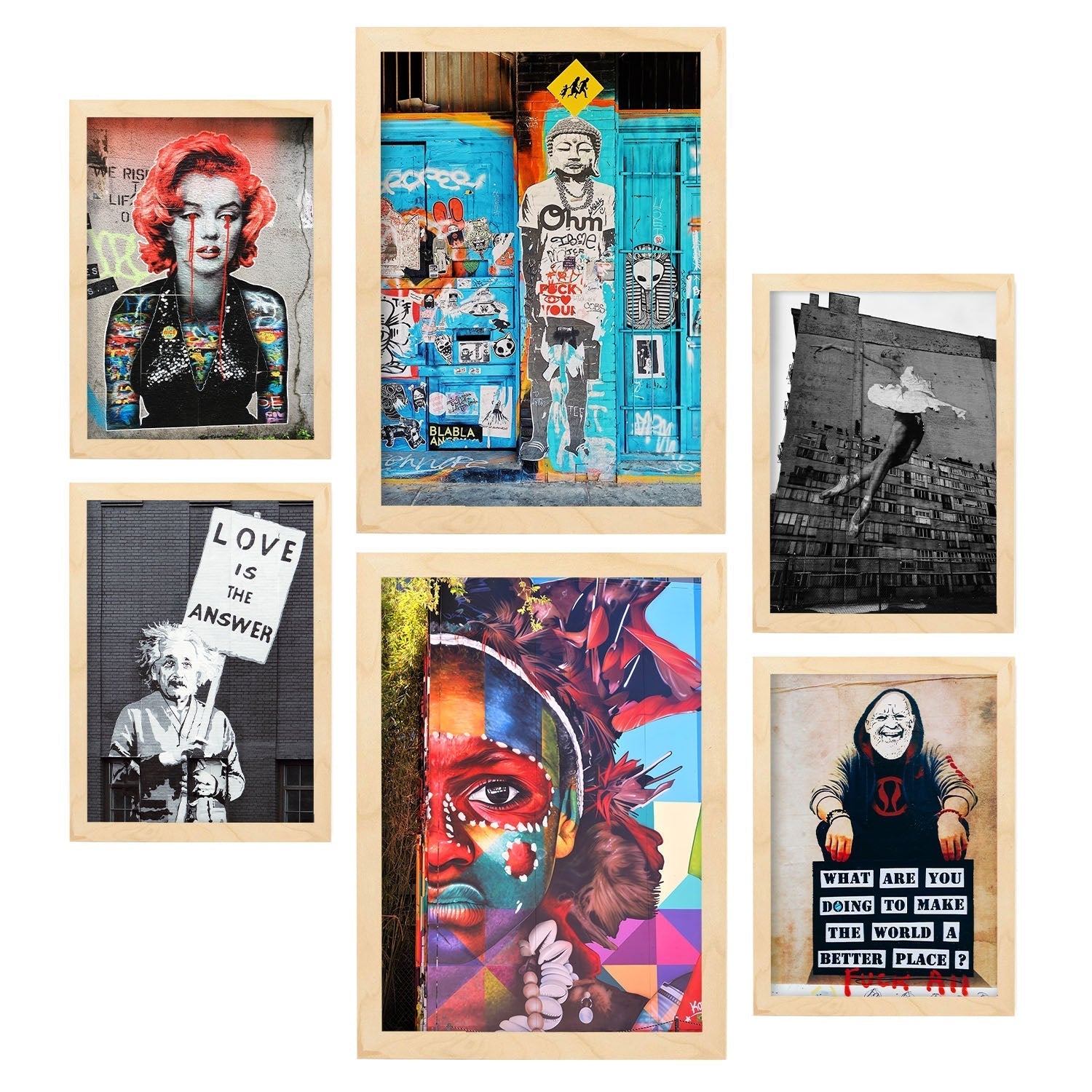 6 cuadros fotograficos graffiti urbano láminas decorativas arte callejero banksy poster moderno decoracion hogar a3 y a4 con marco madera clara
