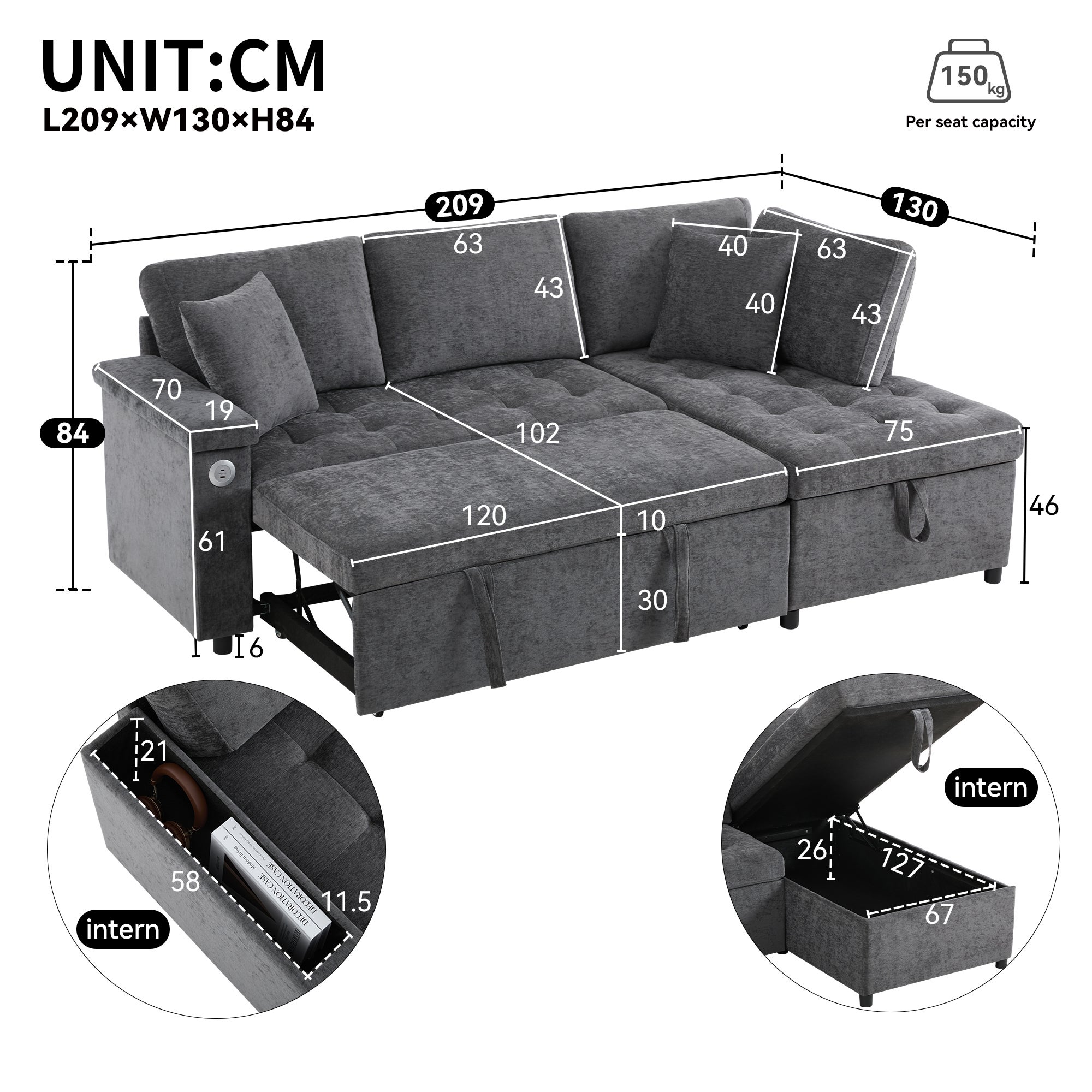 Sofa w kształcie litery L z wysuwanym łóżkiem - ze schowkiem - ładowanie USB - 2 poduszki - szara - 6