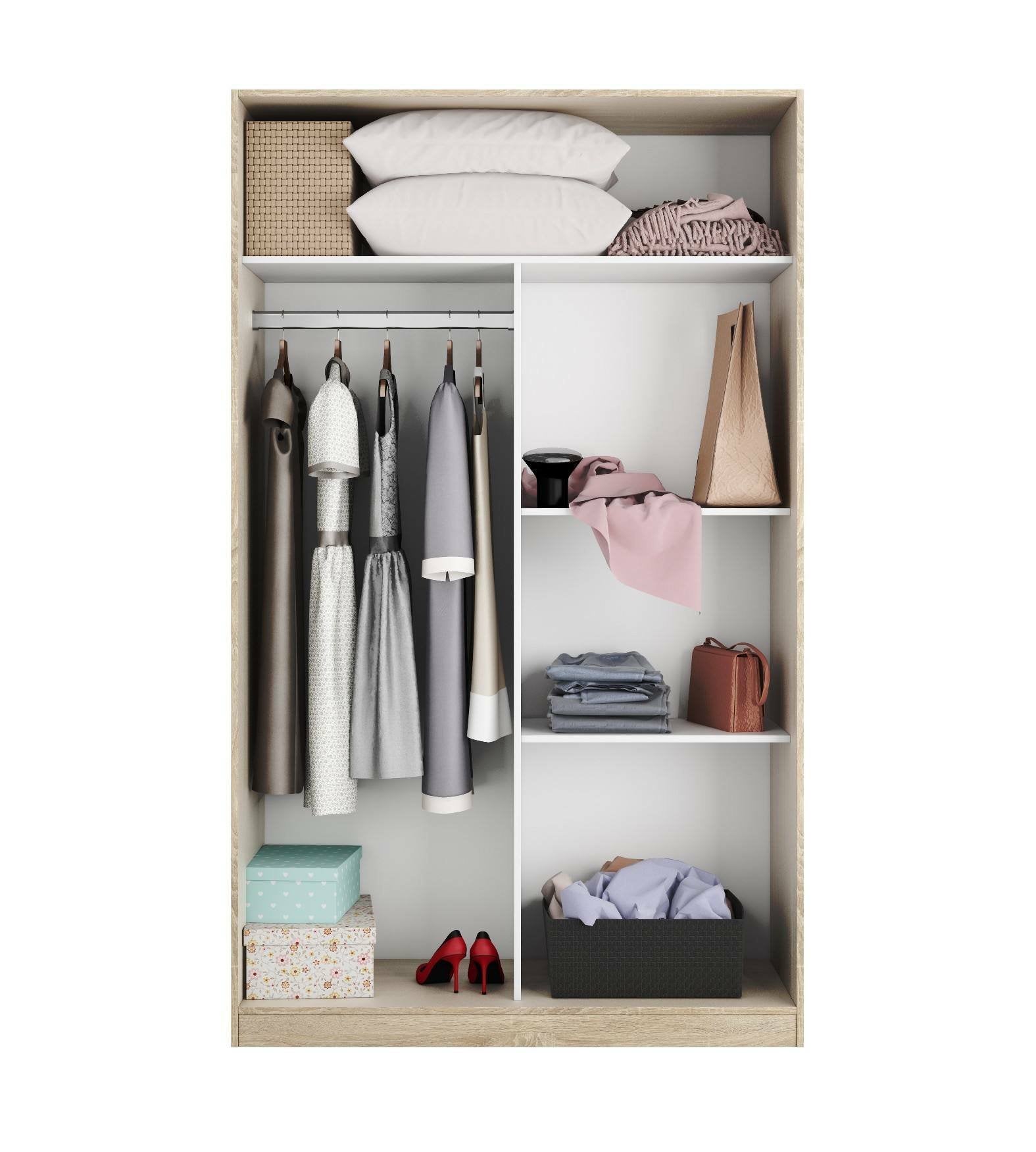 Guardaroba 2 ante Waterbury, Armadio per camera da letto, Mobile con 4 ripiani e barra appendiabiti, 120x50h200 cm, Rovere e Bianco - 6