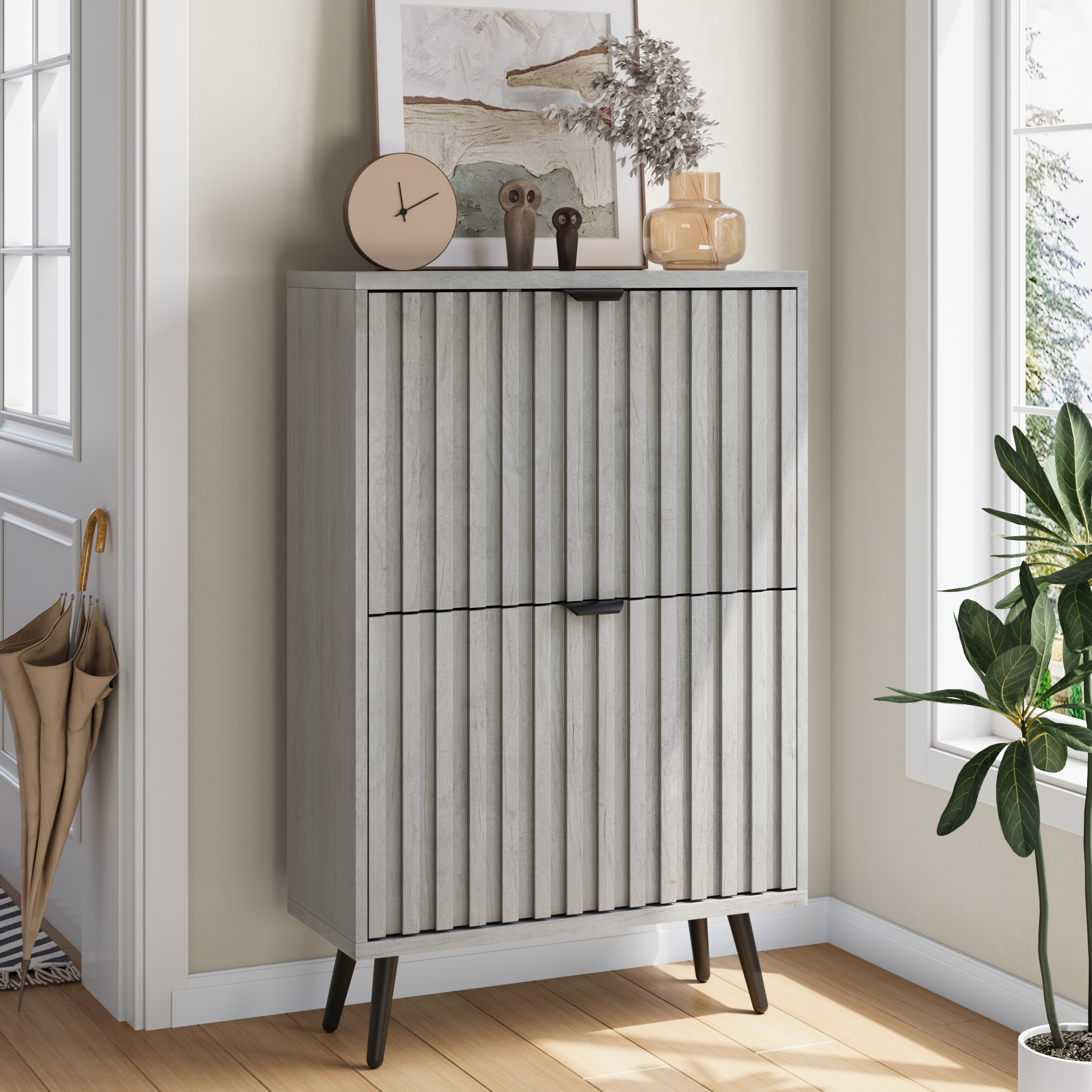 Meuble à Chaussures Étroit 2 Portes En Rotin – Rangement Jusqu’à 28 Paires – Pour Entrée, Salon, Couloir (80 X 24 X 102 Cm) - 9