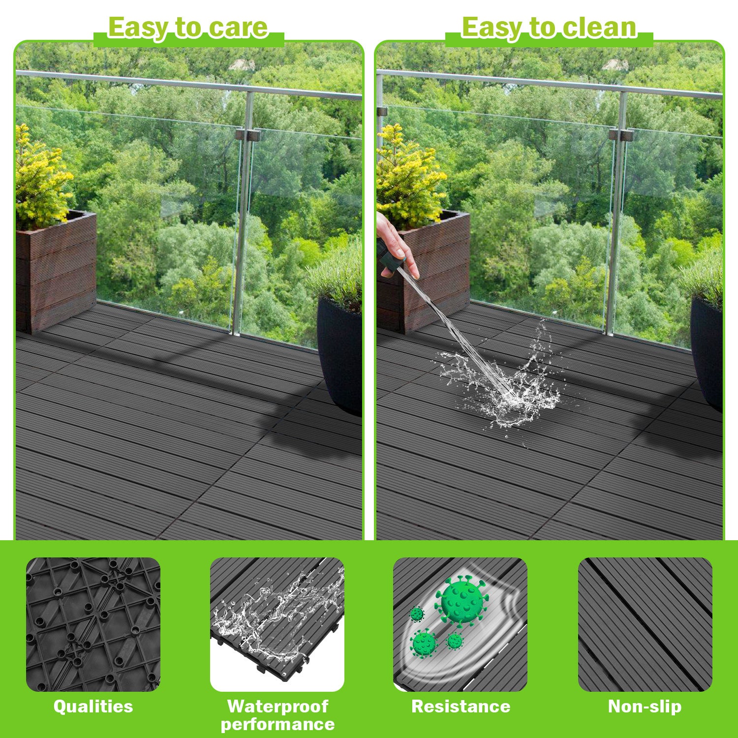 12 pièces WPC Dalles de terrasse 4 lattes 2 m², 30 x 60 cm, Dalles clipsables Composite bois Anthracite - 4