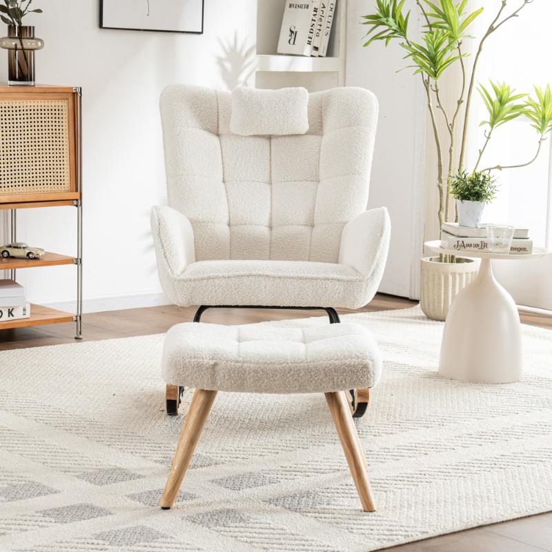 Fauteuil à bascule confortable blanc 93 cm avec repose-pieds, coussin lombaire, structure en bois de caoutchouc, fauteuil de relaxation - 3