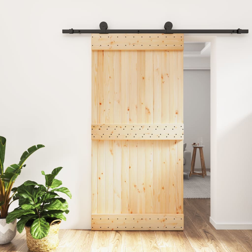 Porta Scorrevole In Legno Di Pino Massiccio – 90x210 Cm, Kit Ferramenta Incluso, Guida In Acciaio, Design Rustico Per Interni
