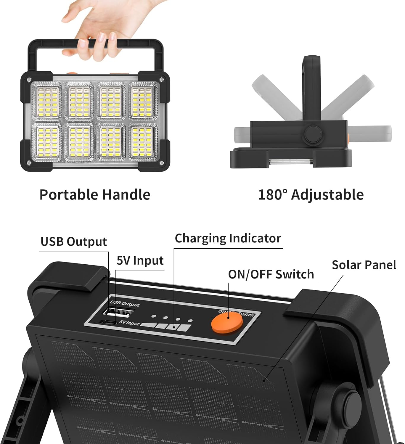 Holofote LED portátil recarregável, luz de trabalho à prova d'água, luz USB de 4 modos com painel solar para camping, garagem, emergência, ofici - 5