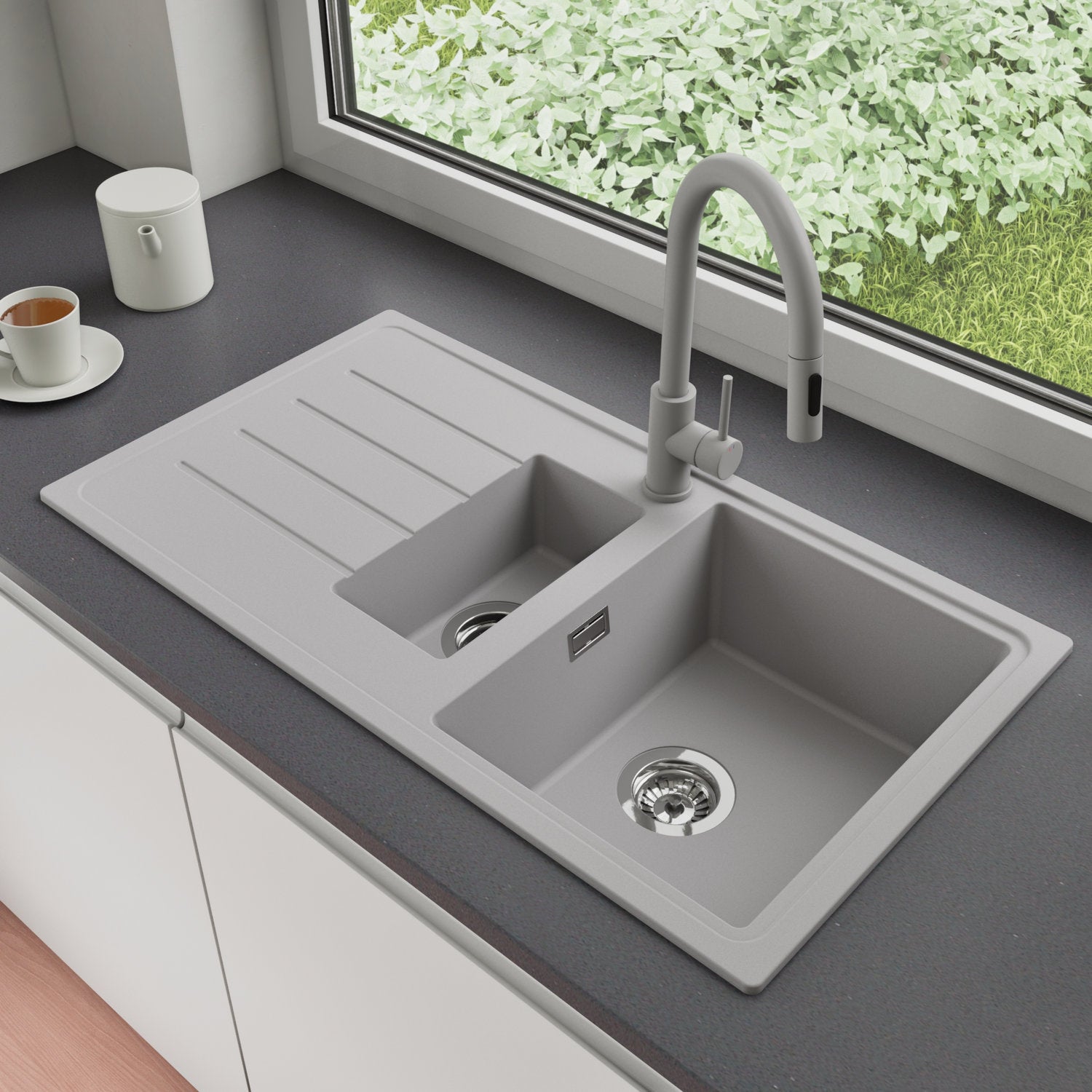 Zlewozmywak Granitowy 90x50cm, do szafki od 60cm + Bateria + Syfon - Ametyst Szary STONESTYLE