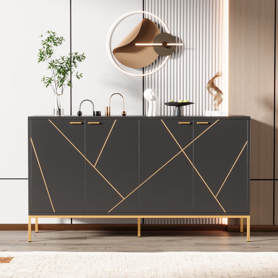 Elegancki kredens z 4 drzwiami, metalowymi nogami, czarno-złotym wzorem - modułowy schowek z regulowanymi półkami, 150x40x80 cm