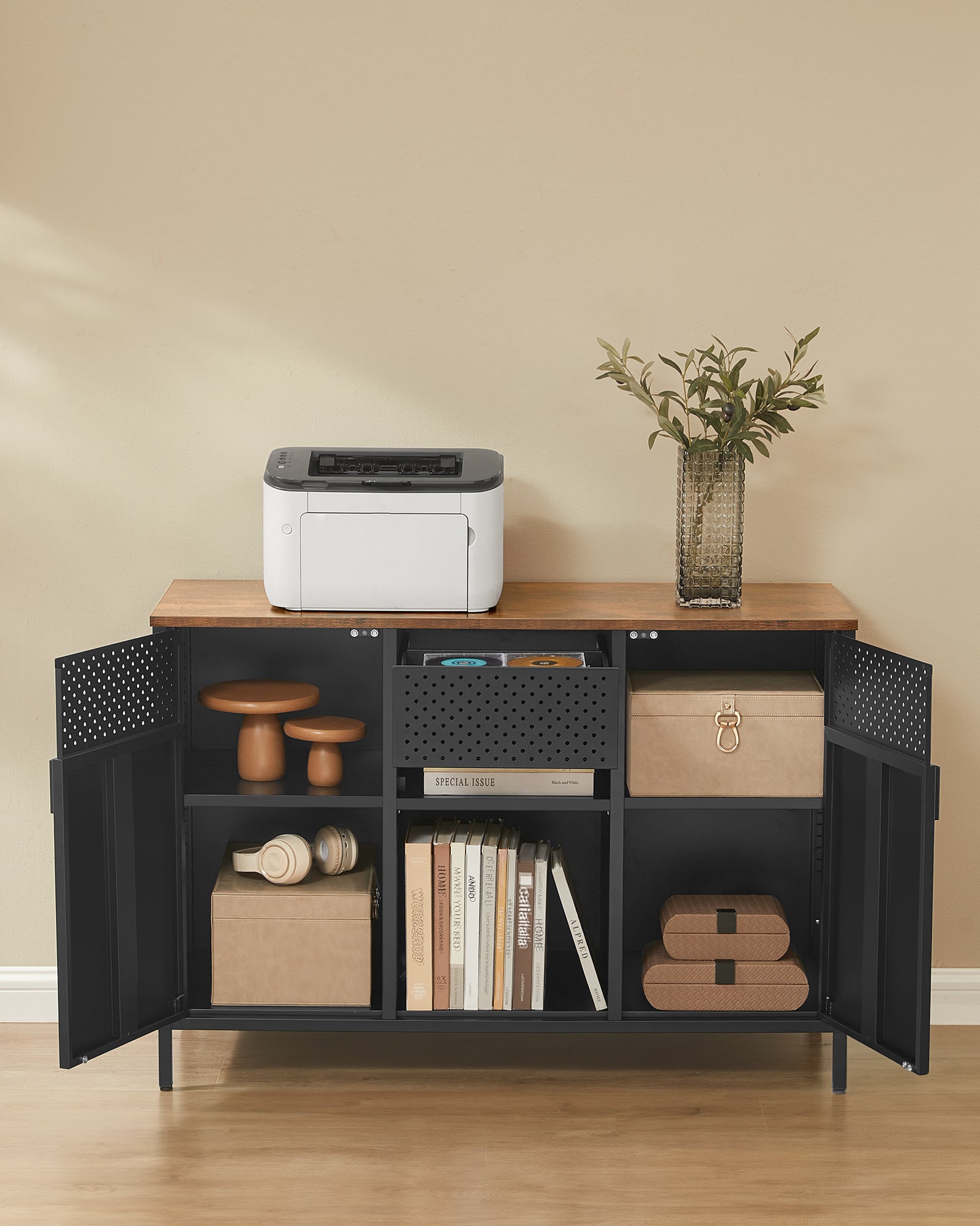 Armoire de Rangement, Étagères Réglables, Marron Rustique et Noir Mat - 4