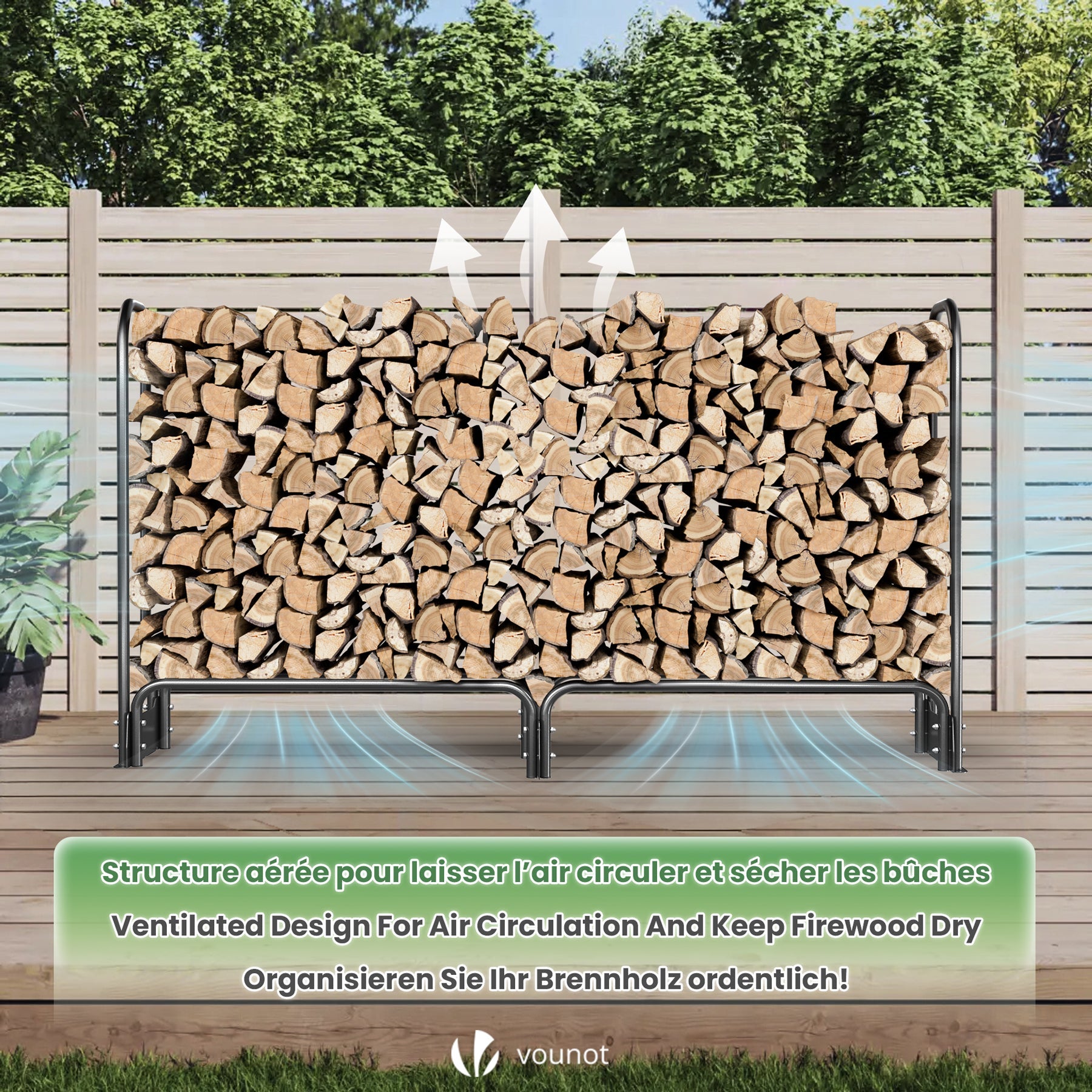 Abri range-bûches 2m avec housse noire - Serre bûche en métal - Support bois de chauffage pour cheminée et extérieur - VOUNOT® - 7