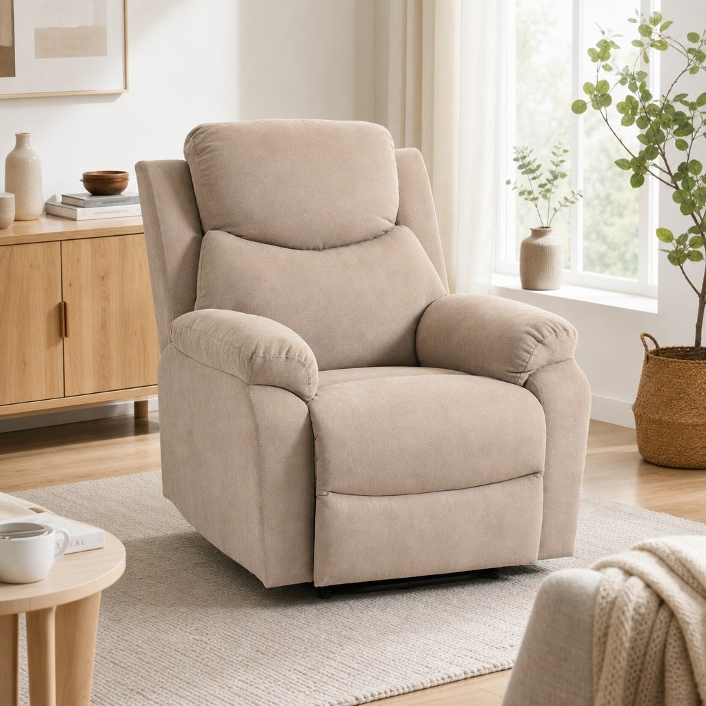 Fauteuil Relax Manuel Beige 85x93x105cm Tissu Lin Repose-Pieds Accoudoirs Rembourrés - 4
