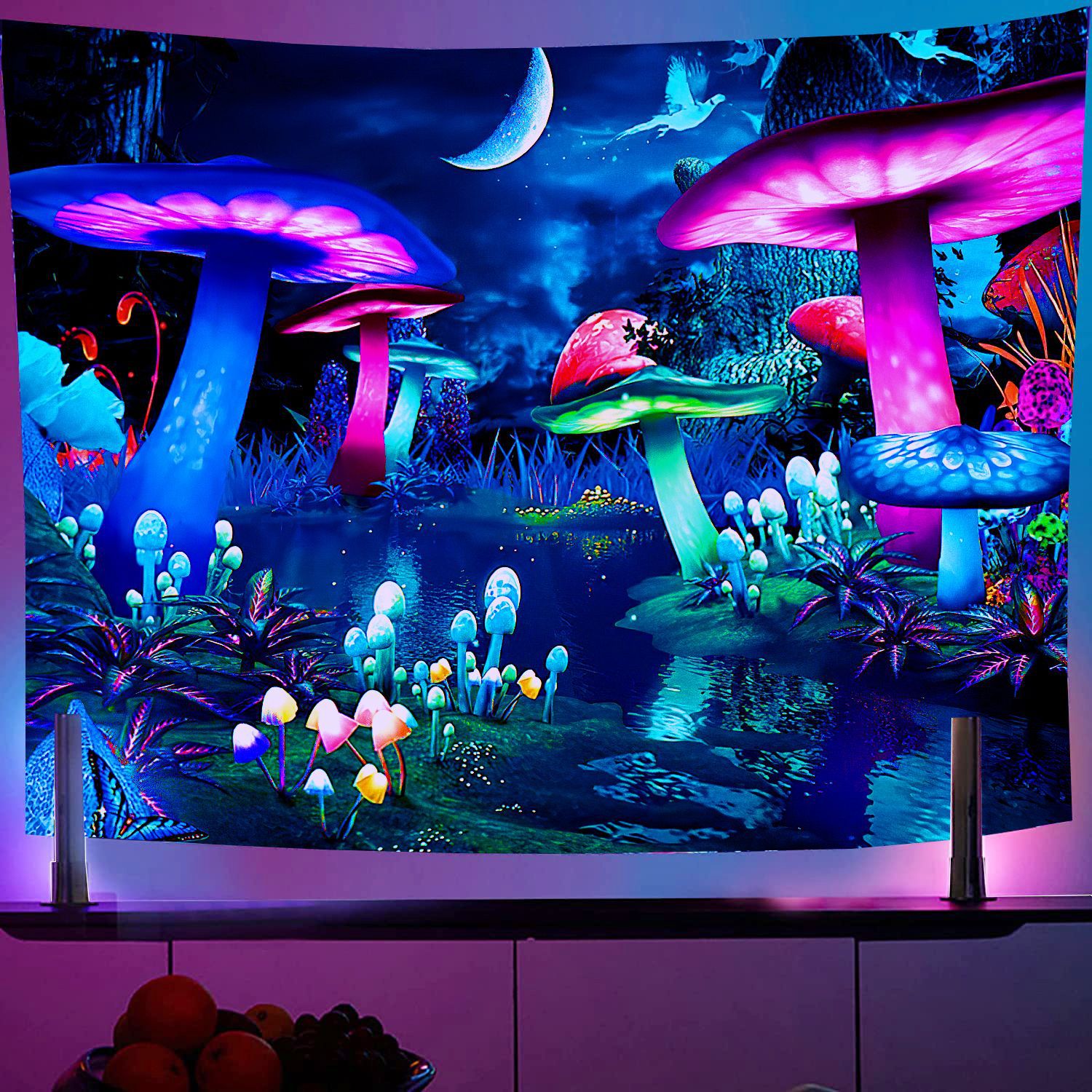 Gobelin z motywem grzybów psychodelicznych, 150 x 100 cm, do powieszenia na ścianie, z wielokolorową fluorescencją i ochroną UV, w stylu hipisowskim