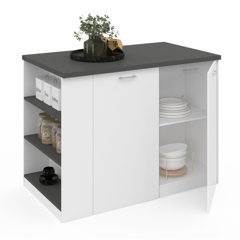 Îlot De Cuisine BELISA - 124x75x82 Cm - Plan De Travail Chêne, étagères - Blanc/Fresco - À Monter - 6