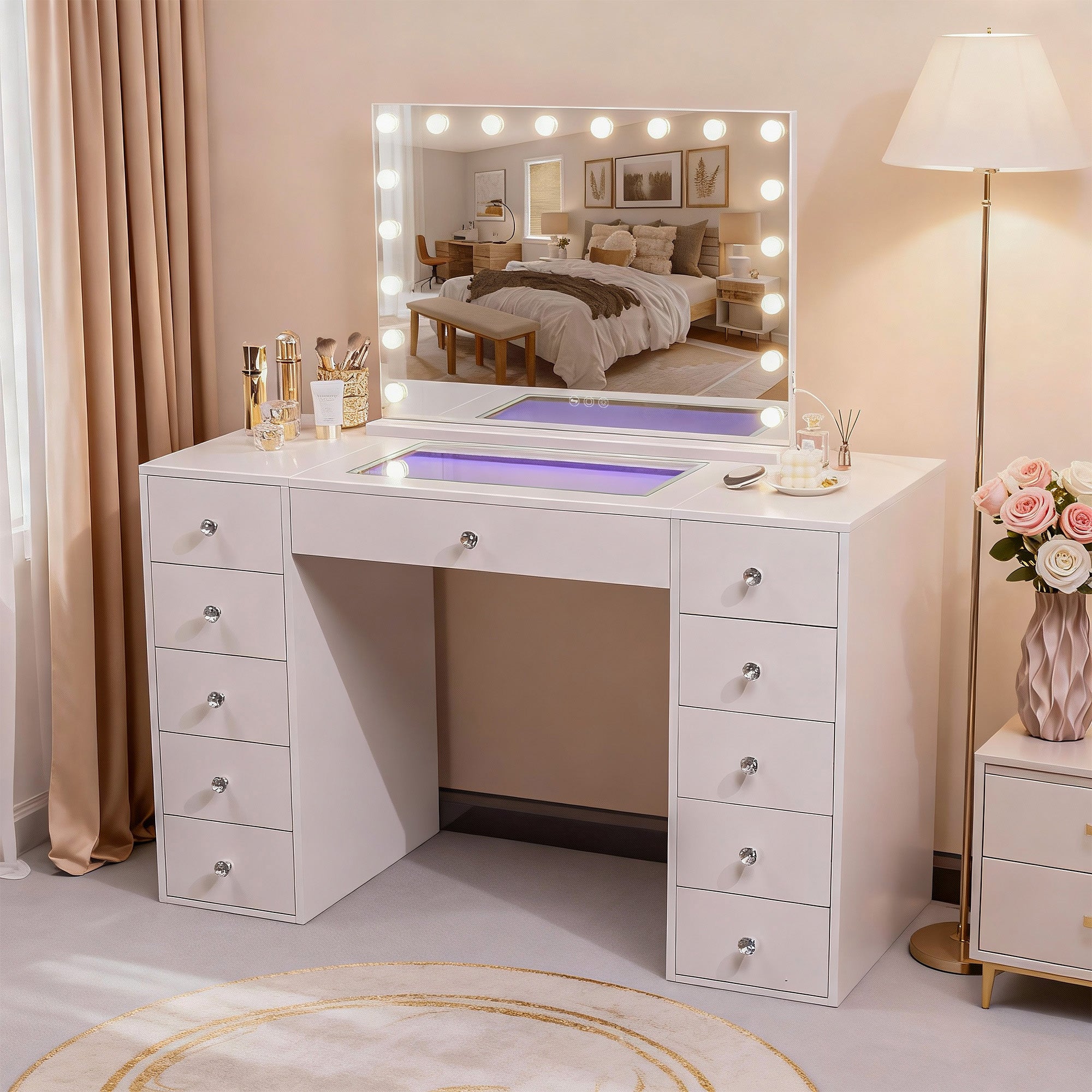 Coiffeuse avec Miroir LED, 11 Tiroirs - 130 x 55 x 81 cm - RGB - avec Miroir (80 x 58 x 15 cm) - 2