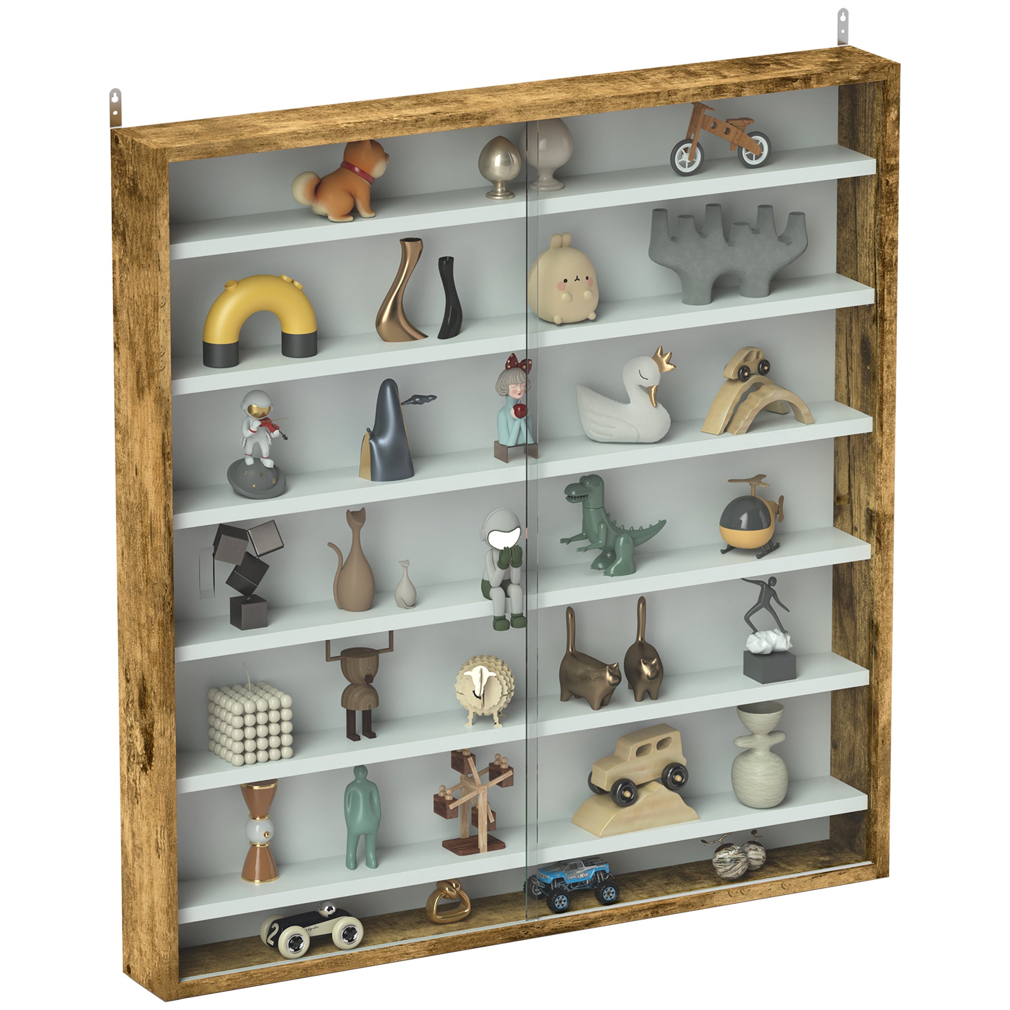 HOMCOM Vitrinekast wandvitrine 80 x 9,5 x 83 cm met 6 in hoogte verstelbare planken en 2 glazen schuifdeuren voor het verzamelen van figuren en miniatuurauto's, bruin