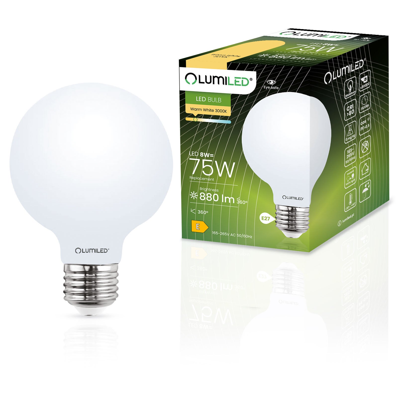 Żarówka LED Lumiled E27 Kula G95 8W 880lm 3000K Ciepła biel 360st Filament 1 szt.