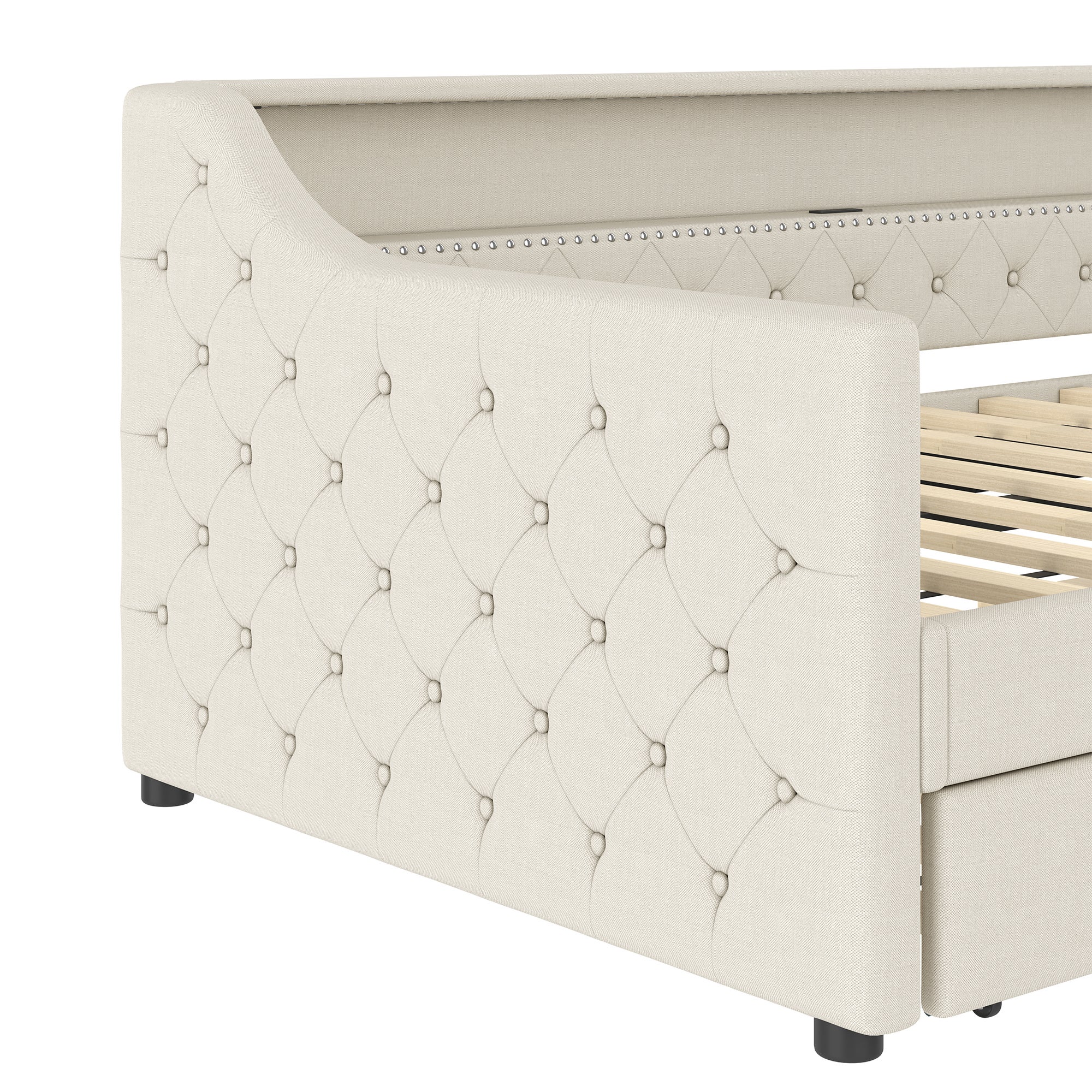 Sofa rozkładana 90 x 200 cm - z oświetleniem LED - z wysuwanym łóżkiem - z USB - pościel - z podstawą - kolor beżowy - 9