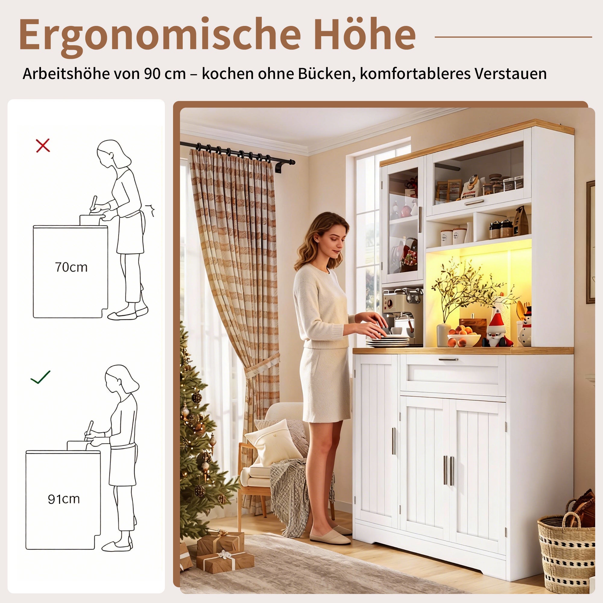 Buffet haut vaisselier de cuisine 104x40x180cm avec éclairage LED intégré, vitrine de rangement moderne pour salon, grande capacité, Blanc - 8