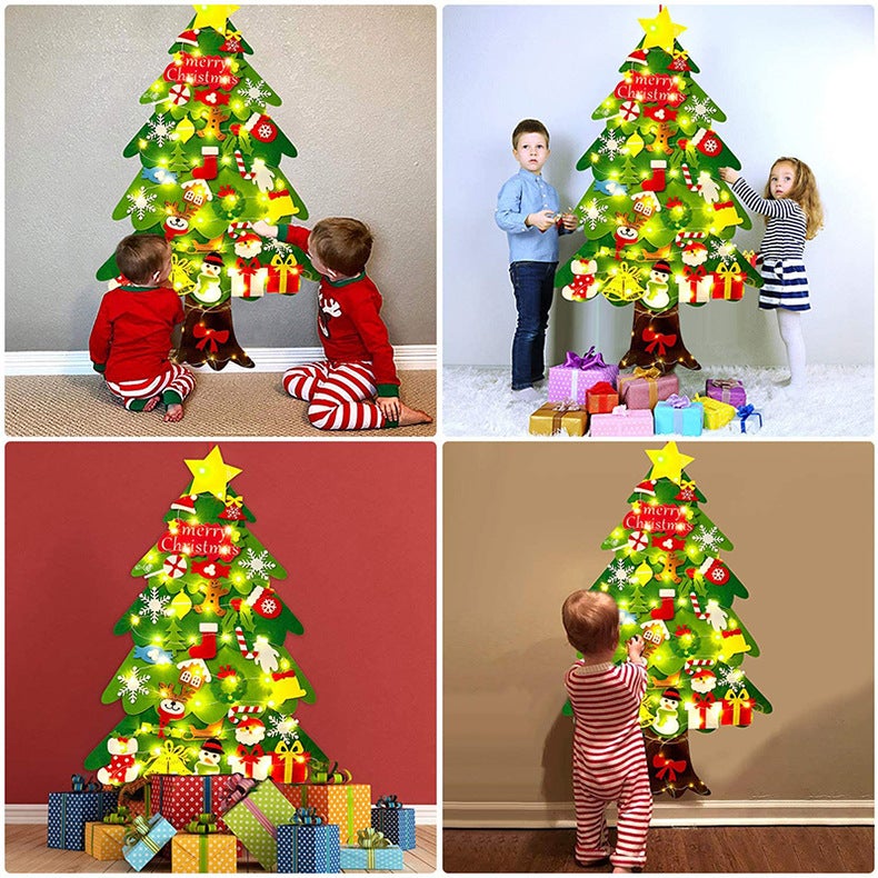 Ensemble de sapin de Noël en feutre à faire soi-même pour enfants, décoration de Noël à suspendre avec 50 LED, pour porte/mur - 3