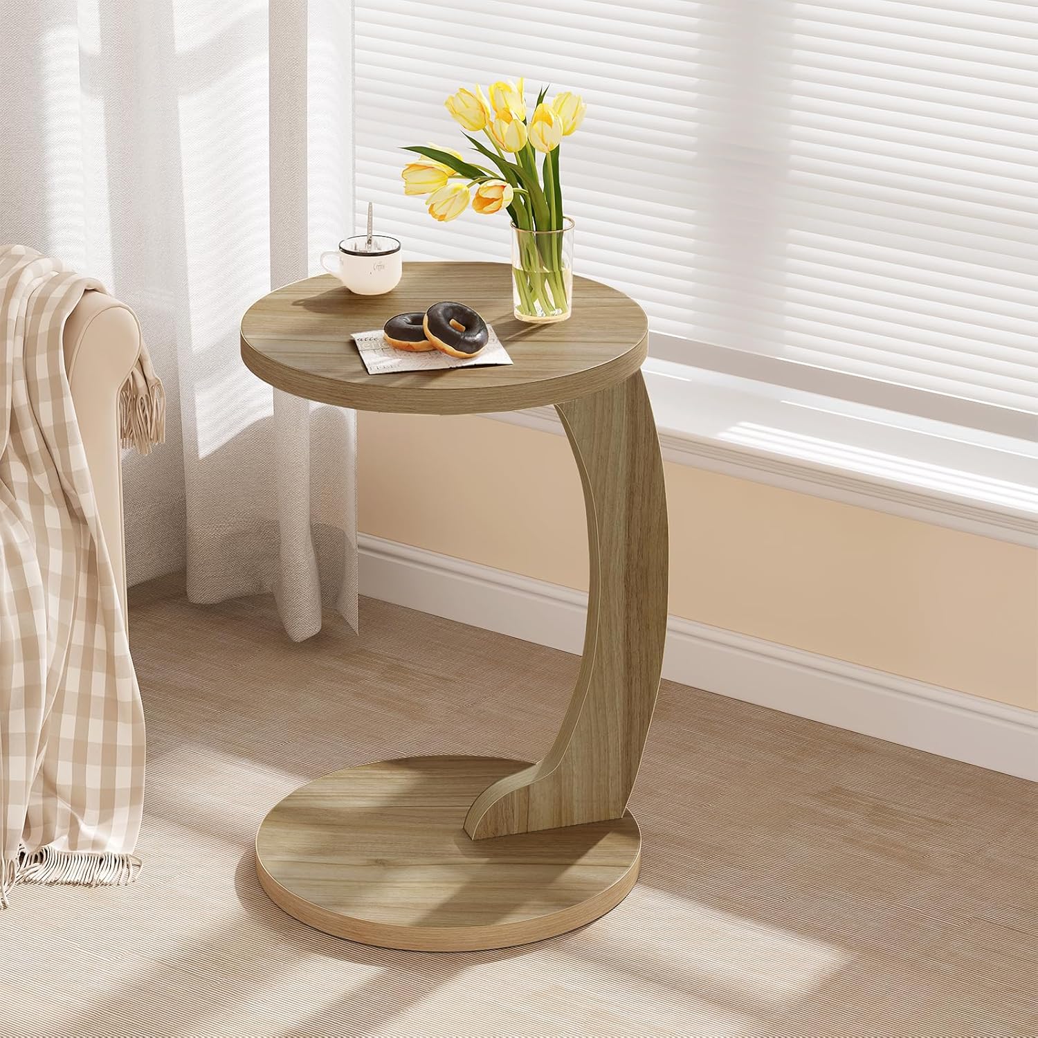 WOLTU Table d'Appoint, 38x55 cm, Table Basse Ronde, Bout de Canapé, Table Salon, Table Basse Scandinave, en MDF, Chêne Clair - 2