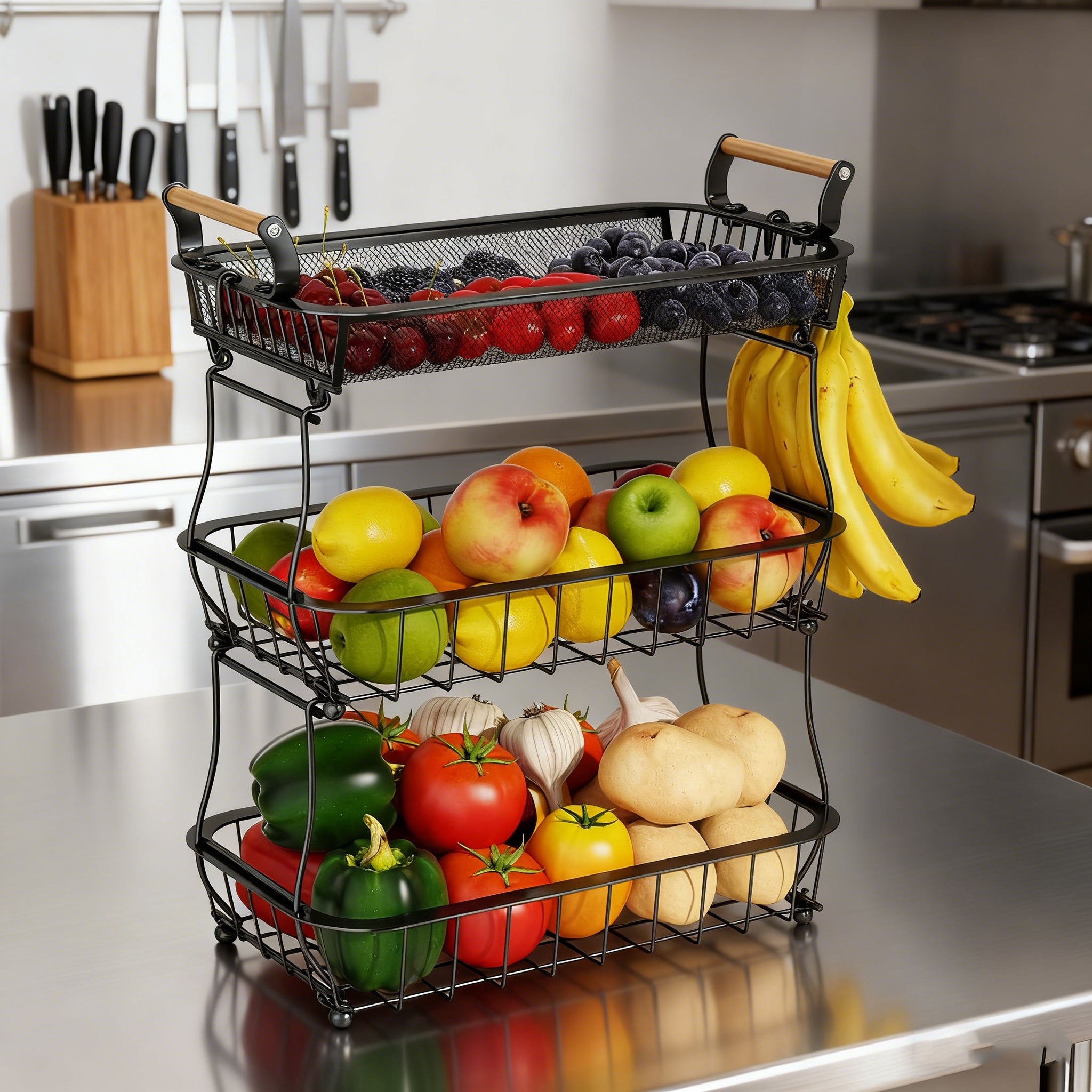 Set 2 cesti frutta 3 piani con supporto per banane, organizer metallico per verdura e frutta, ideale per cucina e conservazione - 7