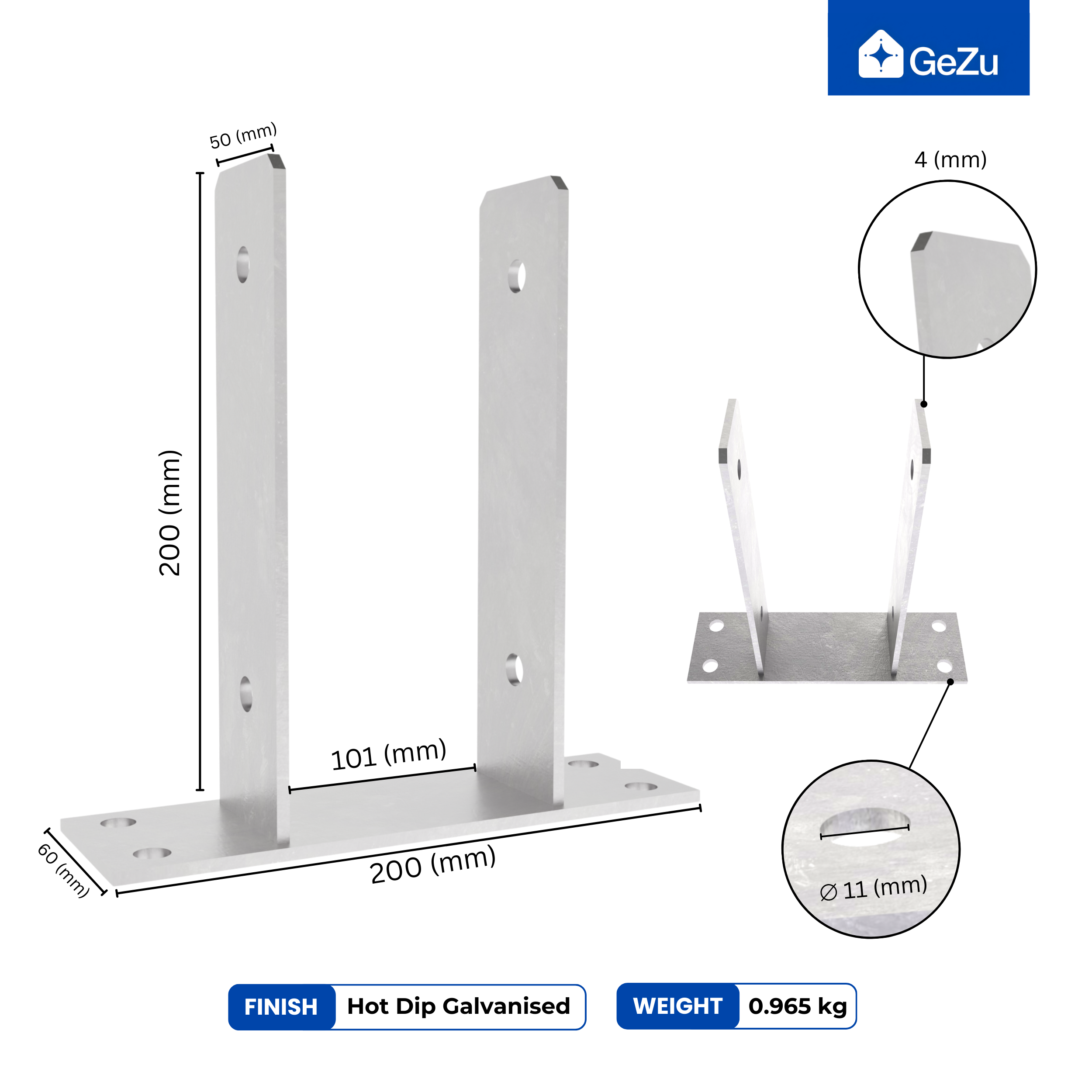 Support de poteau U 101 x 200 mm GEZU IMPEX Galvanisé à Chaud Platine bois pied Poteaux clôture - 2