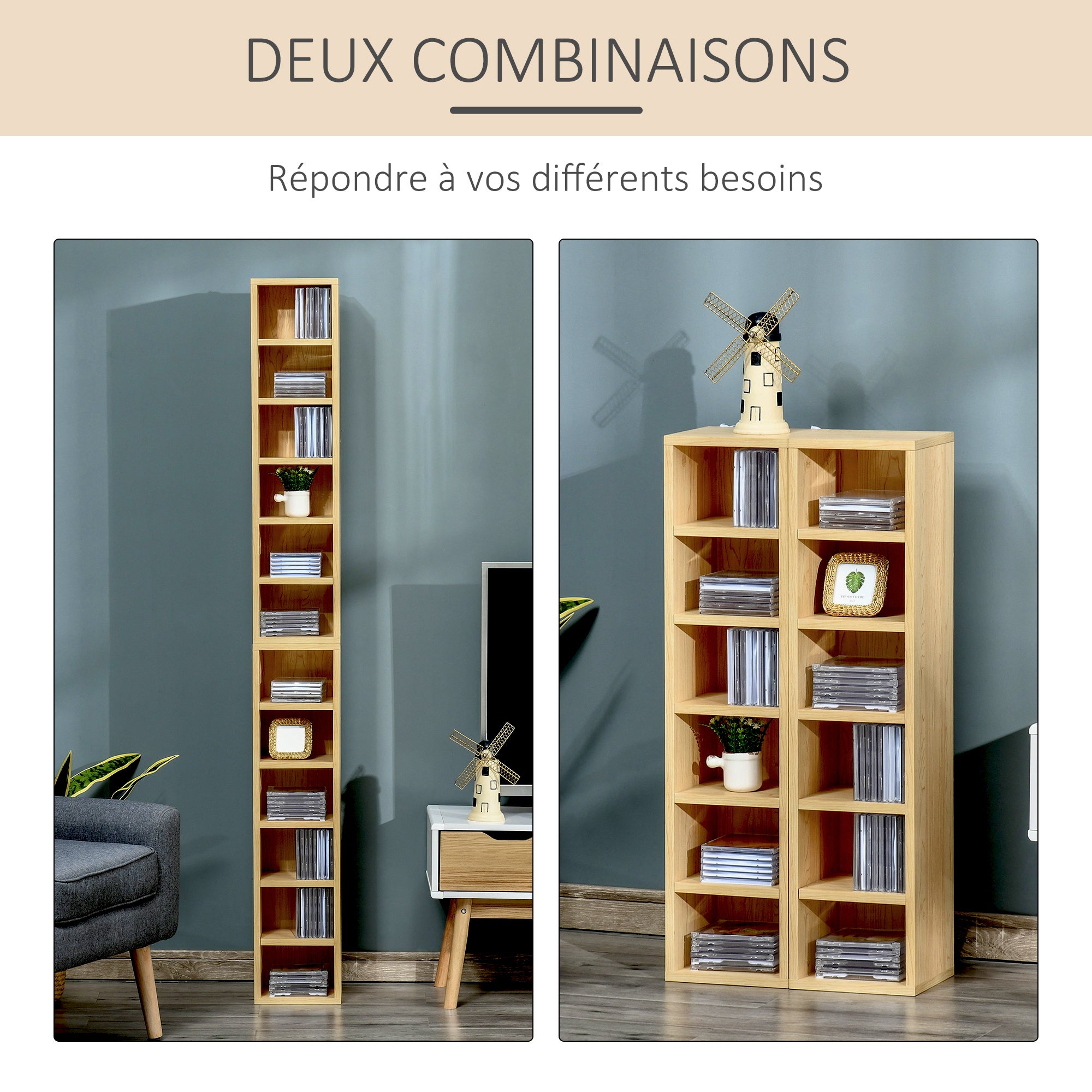 Lot de 2 étagères colonnes Armoire de Rangement CD-DVD 6 + 6 Compartiments dim. 21L x 19l x 88H cm capacité Max. 160 CD Coloris hêtre - 6