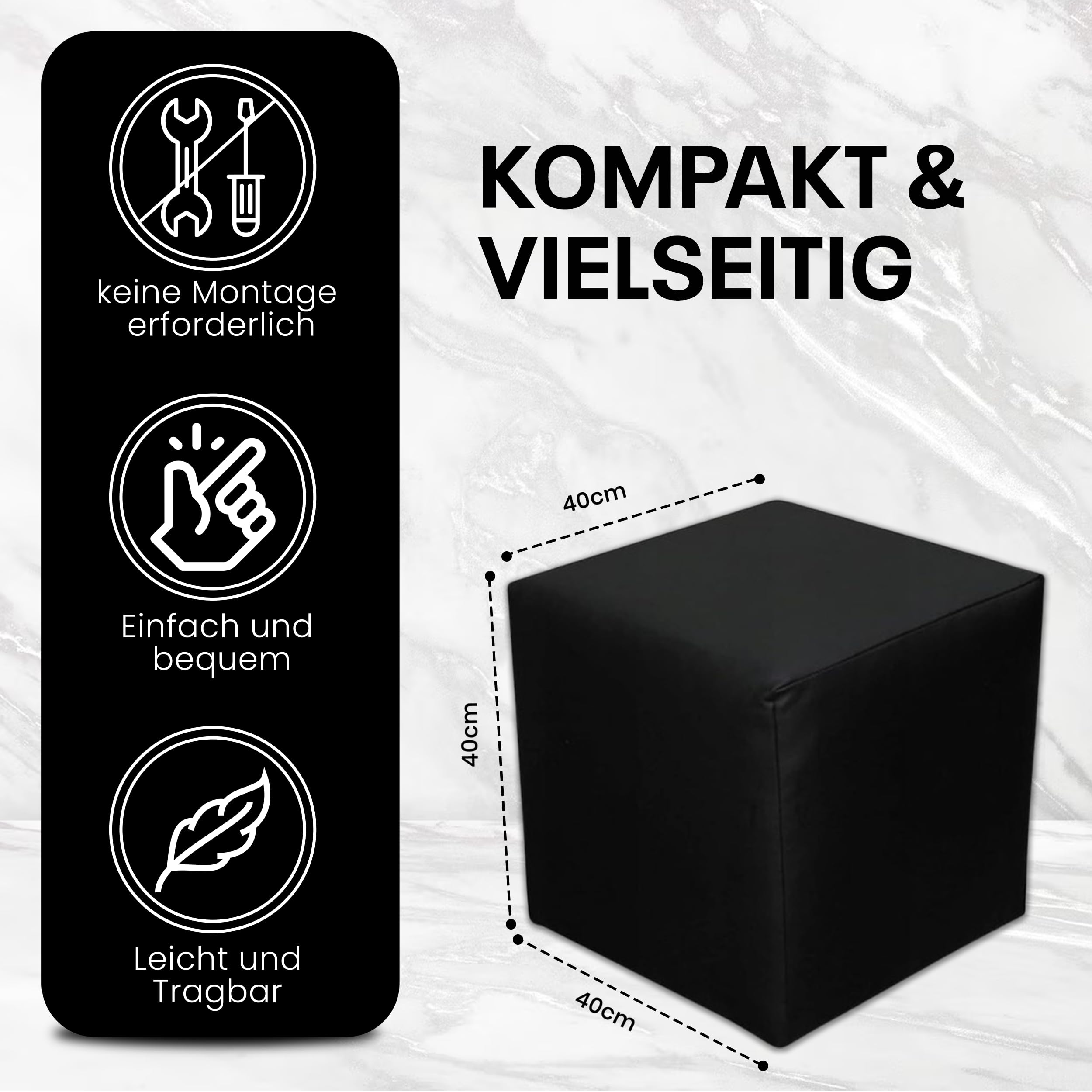 Sitzwürfel / Siège Pouf - Noir, 40X40X40 Cm, Assise Rembourrée En Simili Cuir, Confortable Pour Salon, Chambre Ou Bureau - 5