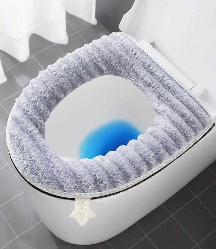 Zestaw 2 grubszych i bardziej miękkich pokrowców na deskę sedesową do łazienki, zmywalnych i ciepłych, z zamkiem błyskawicznym i uchwytem, kompatybil