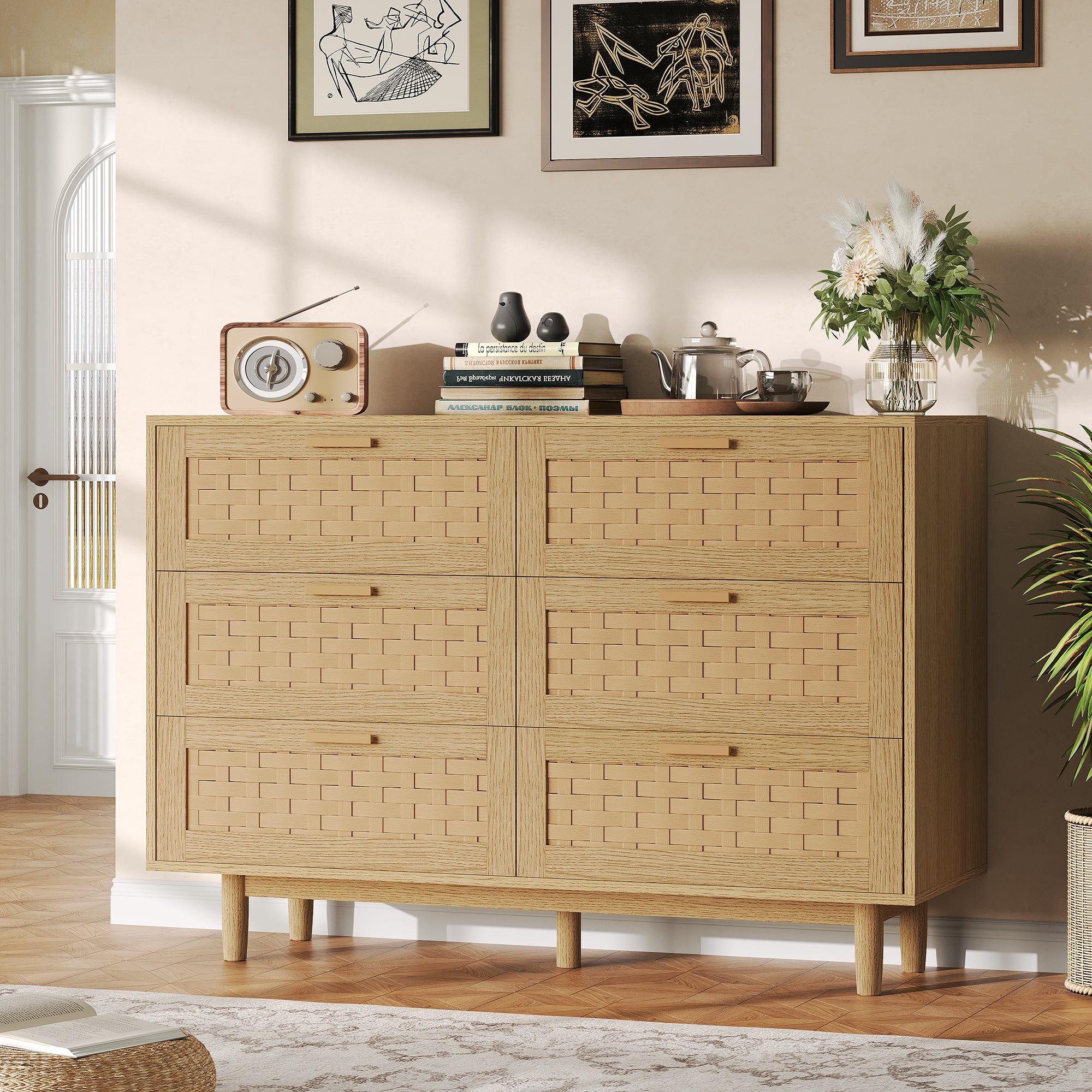 Buffet bas en rotin - Buffet de salon - 115x40x80 cm - Commode 6 ...