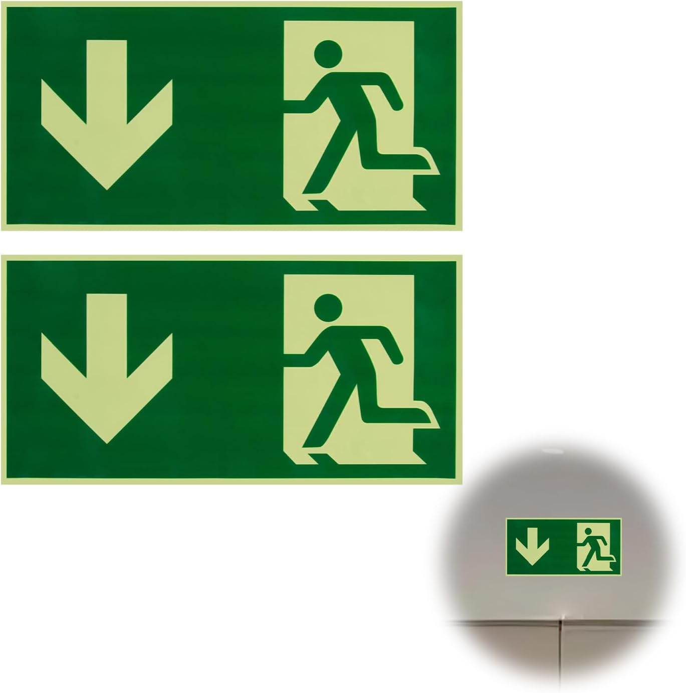 2-częściowy znak wyjścia awaryjnego, wyjście awaryjne, fotoluminescencyjny blok awaryjny 300 x 150 mm, samoprzylepny