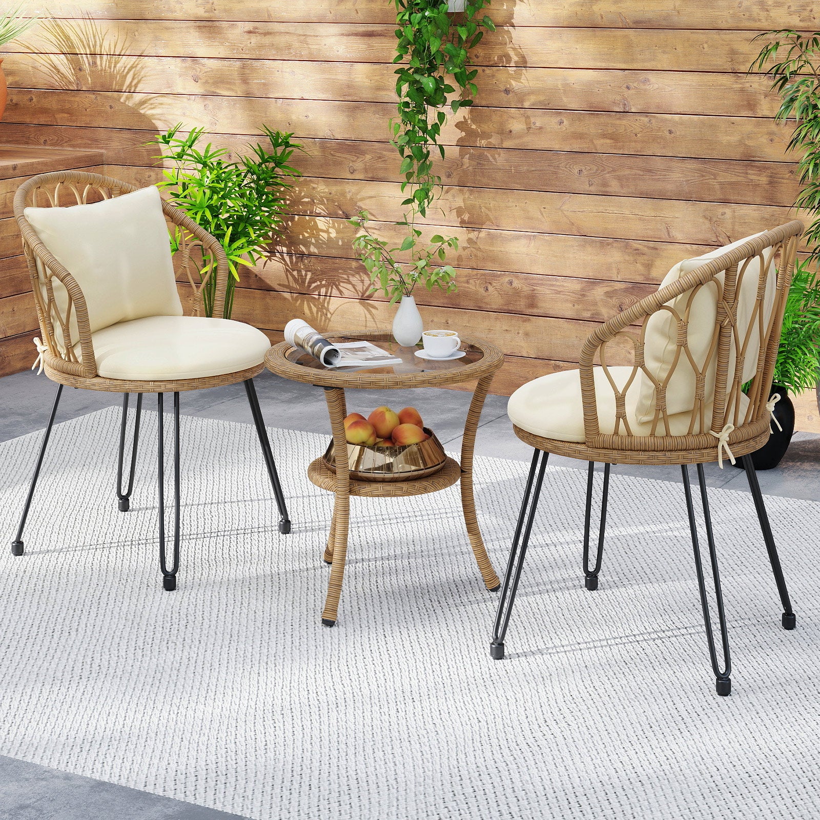 Conjunto de Móveis para Pátio em Fibra de Resina Trançada PE 3 PCS, Conjunto de Conversação Externa com Almofadas e Mesa de Centro de 2 Níveis - 9