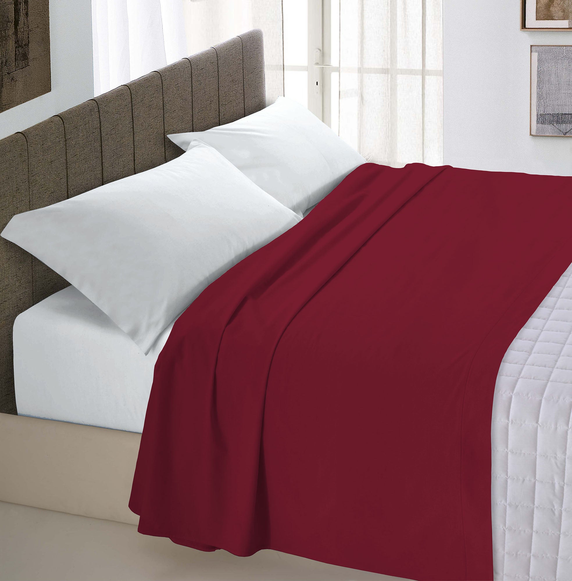 Lenzuolo Sopra Made In Italy 100% Cotone Tinta Unita BORDEAUX - 6