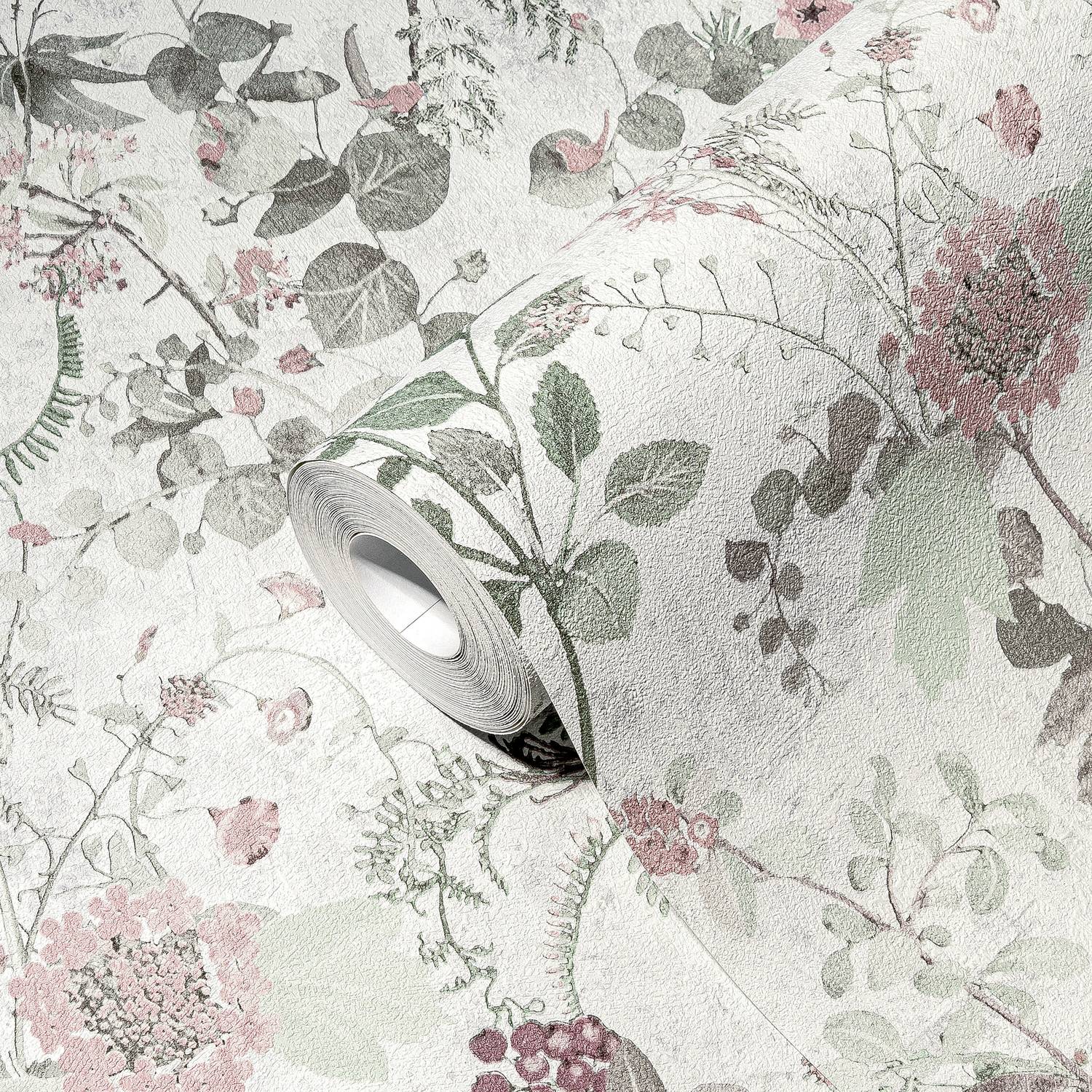 Papel pintado flores casa de campo tejido no tejido Papel pintado beige verde y rosa para cocina y salón, 10,05 x 0,53 m - 8