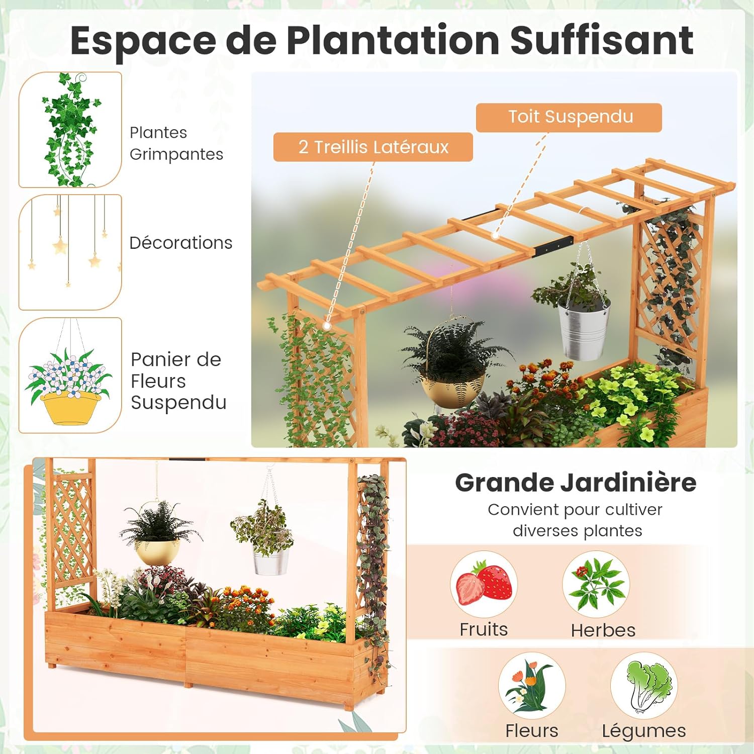 Jardinière avec 2 Treillis Latéraux Toit Suspendu en Bois de Sapin,200 x 44 x 114 cm - 5