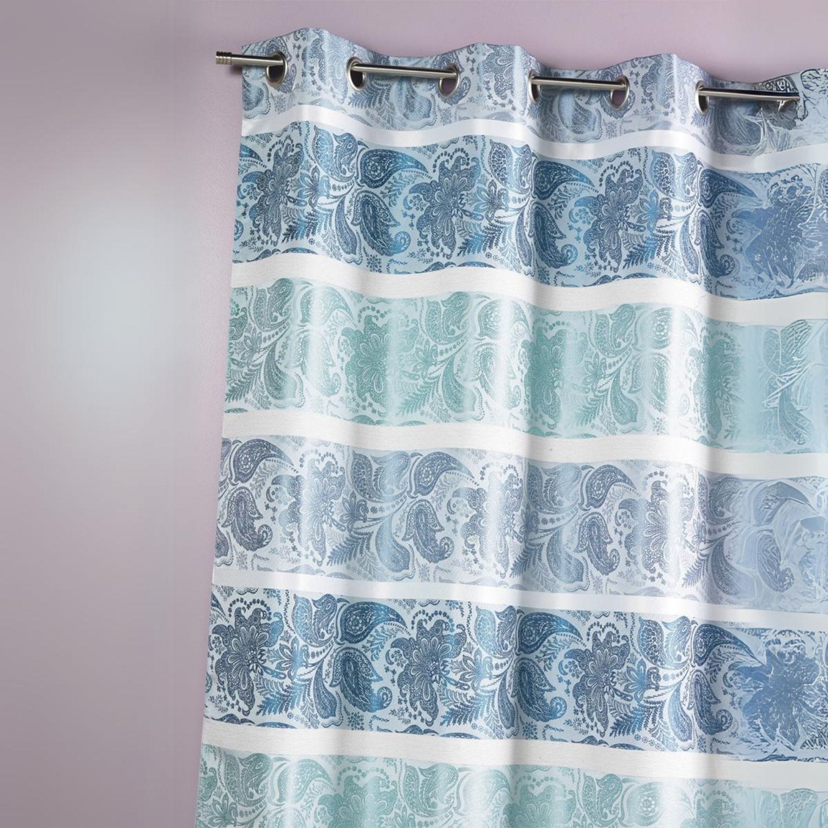 Rideau en jacquard à rayures horizontales fantaisies - Bleu Pétrole ...