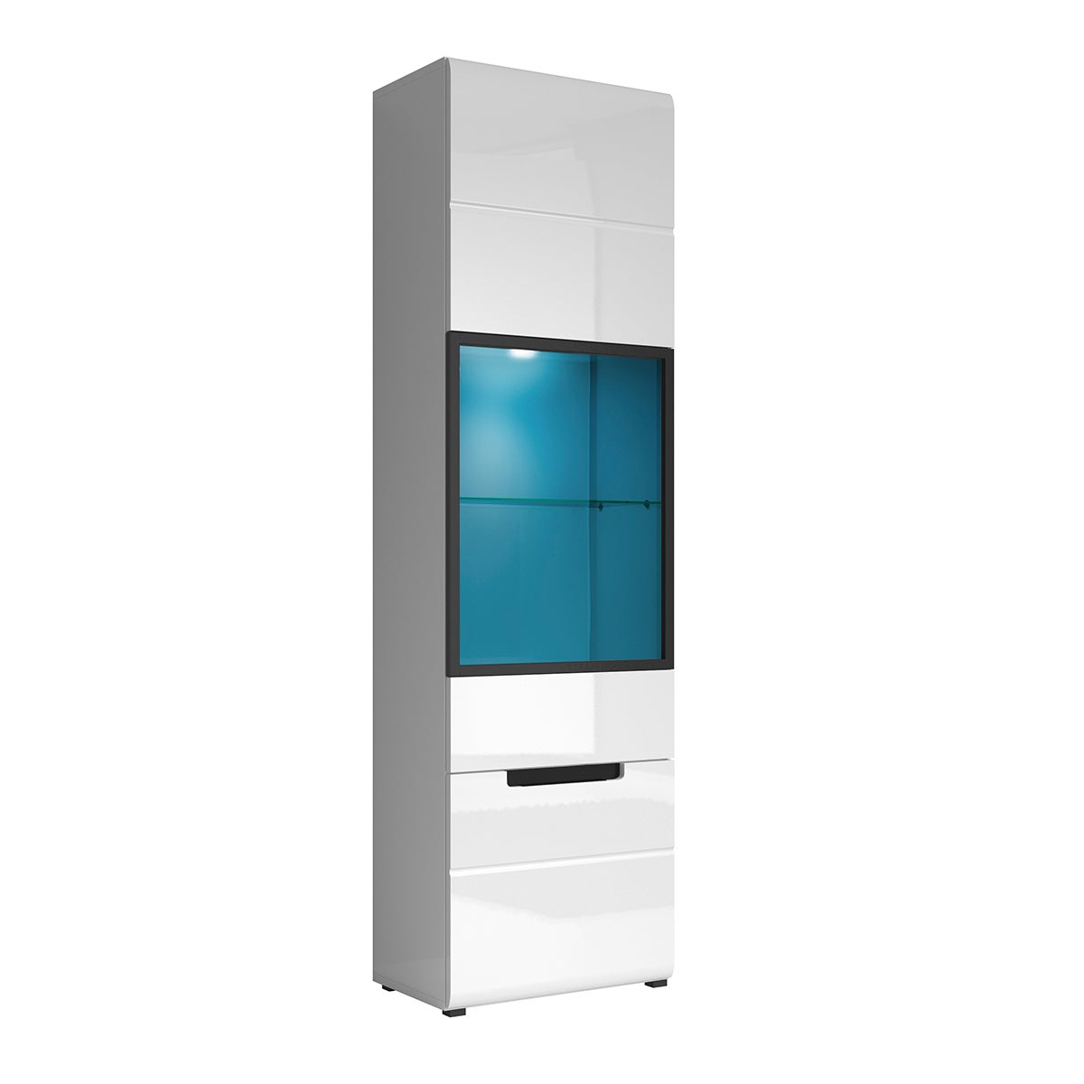 KADALA - Vitrine 1 Porte Gauche Laquée Noir Décor Bois Avec Leds -- Meubles,Salons,Literie