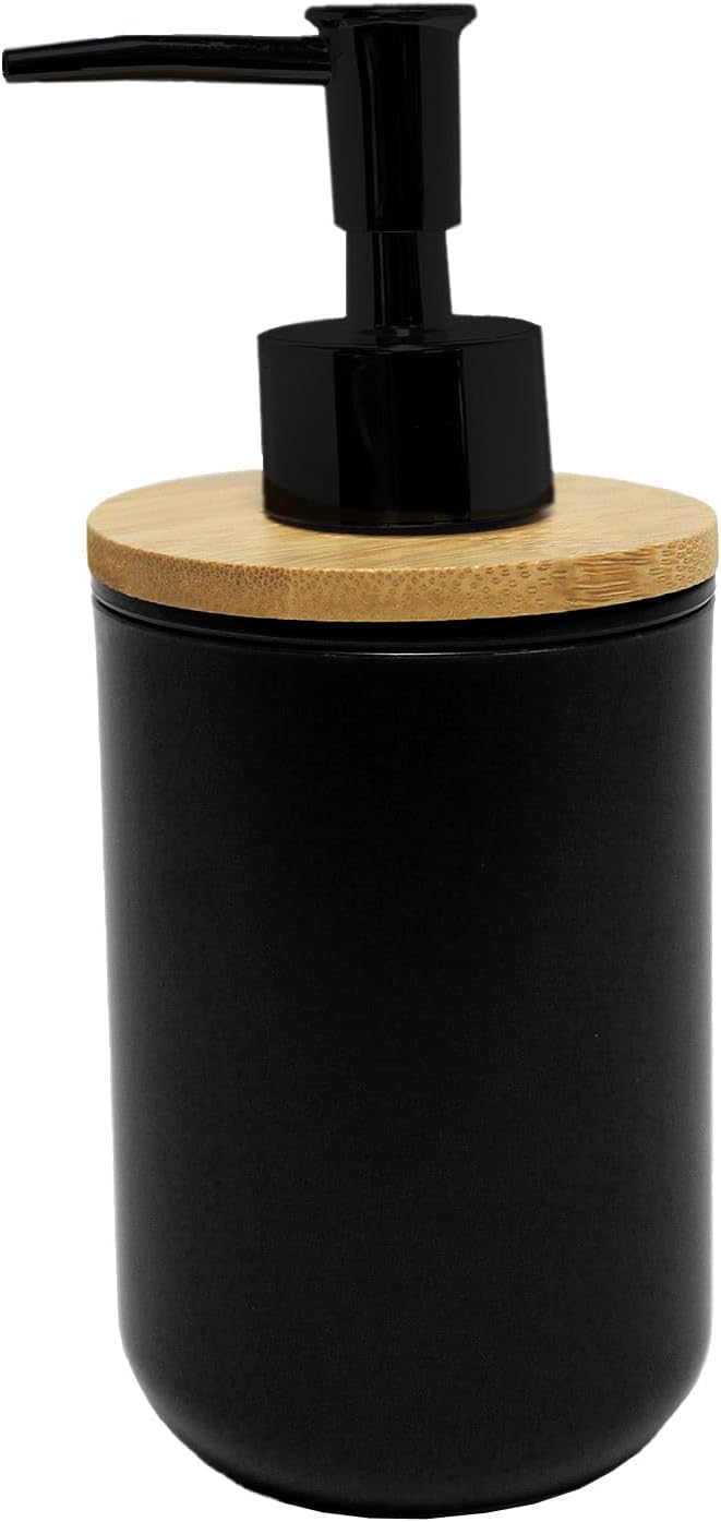 Dispenser de săpun negru din bamboo și polistiren, Ø 7.2 x 17.5 cm, design elegant pentru baie și bucătărie