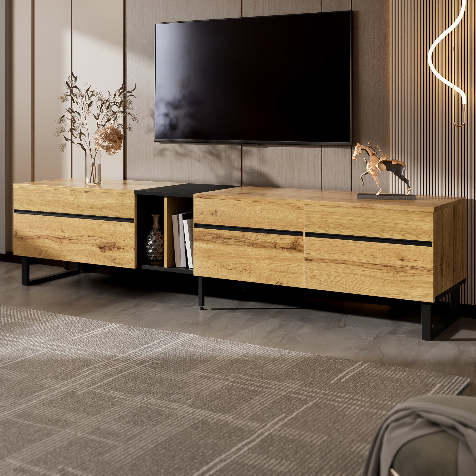 Stolik pod TV z 3 drzwiami i 2 półkami - 180 x 38 x 45 cm - Płyta wiórowa - Kolor drewna