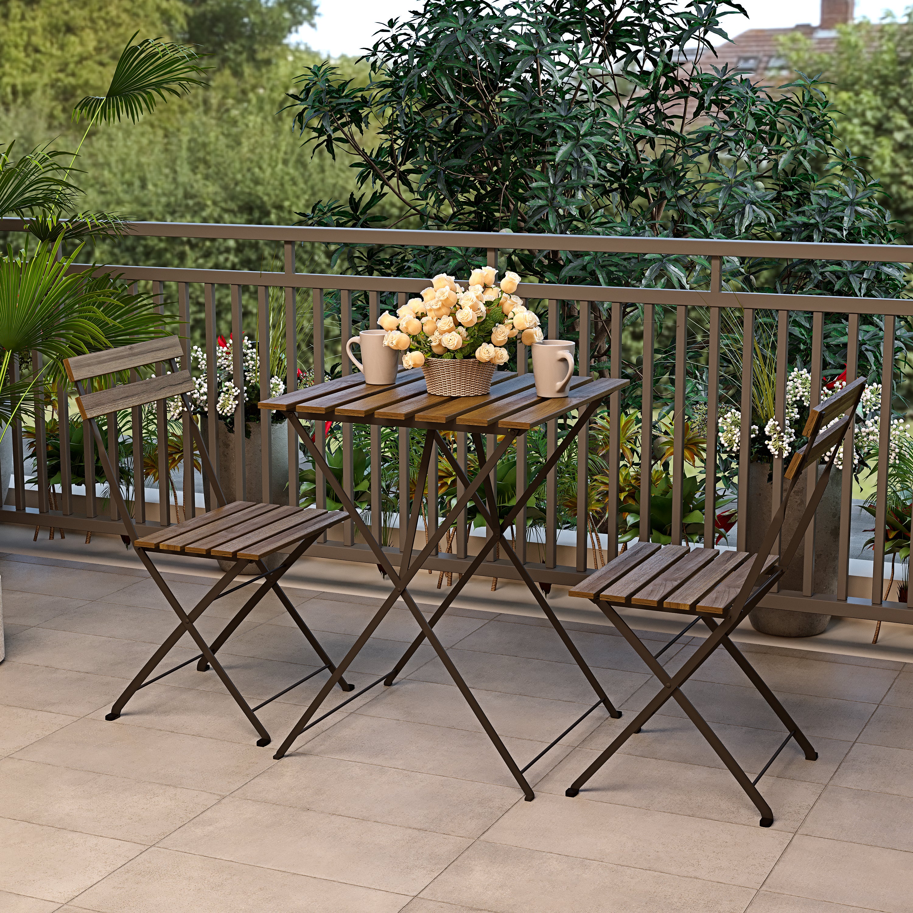 Set Bistrot 2 Sedie Con Tavolino Pieghevole Salvaspazio In Legno Di Acacia E Metallo Salottino Salotto Patio Giardino Balcone Veranda Esterno Marrone - 3