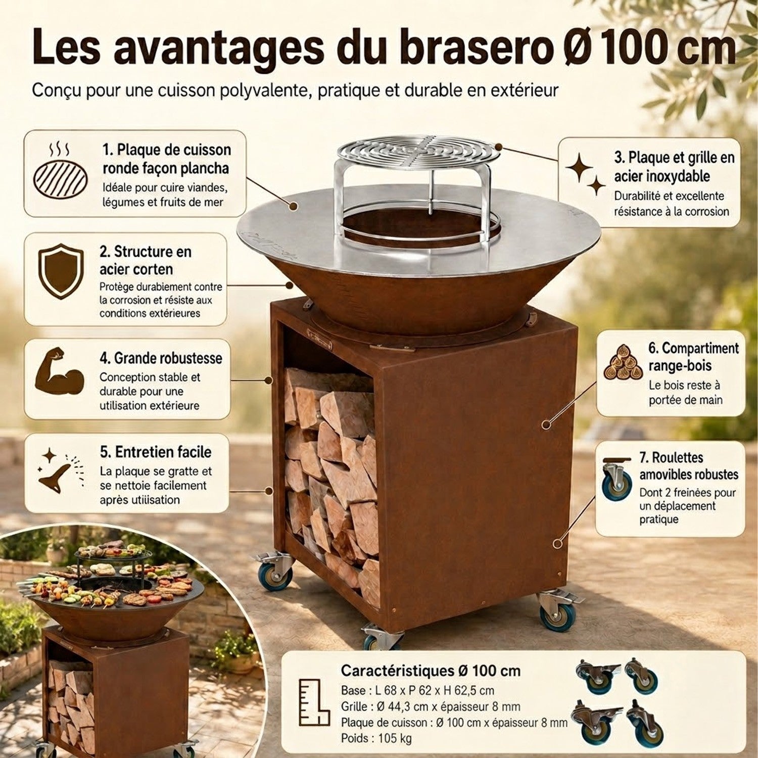 FIESTA Brasero acier Corten grille inox amovible barbecue/plancha Ø 100 cm - 2