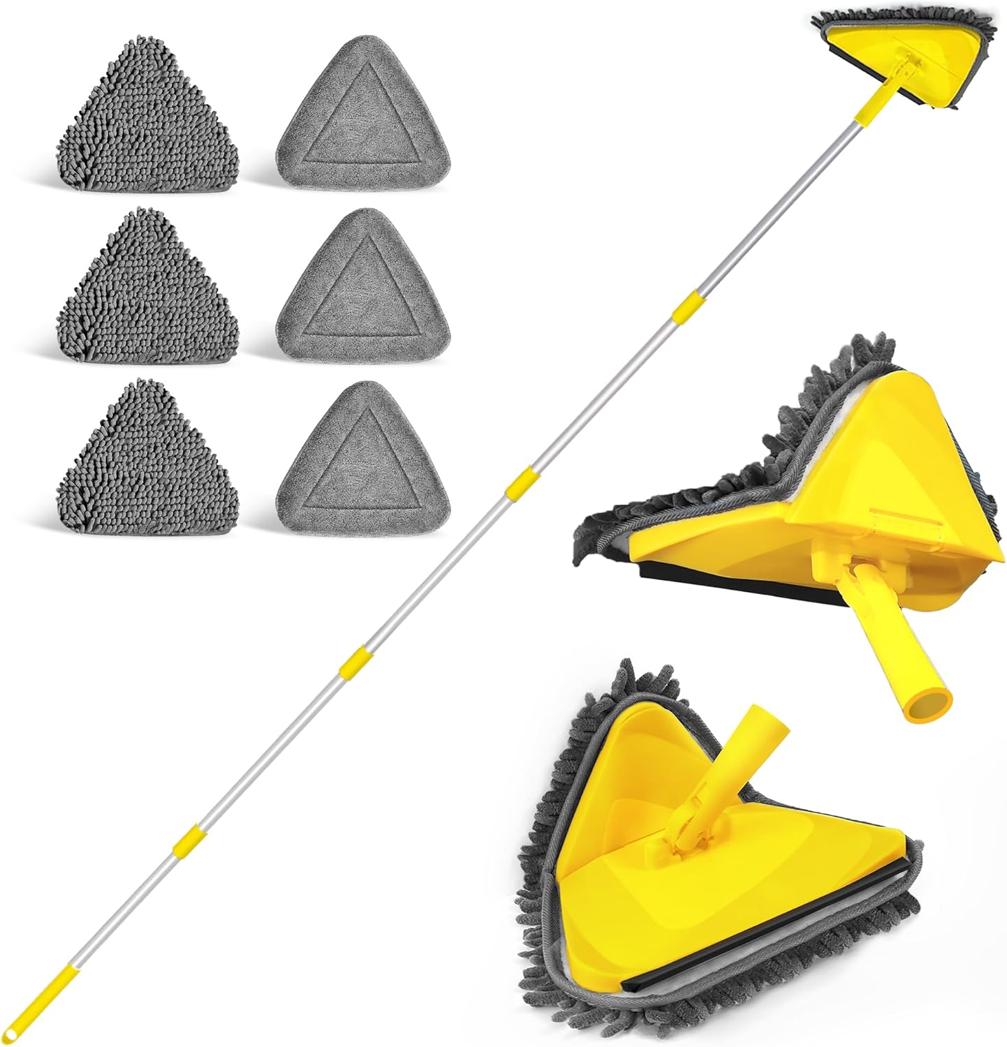 Balai Plafond Triangulaire avec 208 cm Longue Poignée, Dernier cri 180°Serpillère Pliable avec 6 Microfibre Chenille Pads pour Mur, Plafond (Jaune)