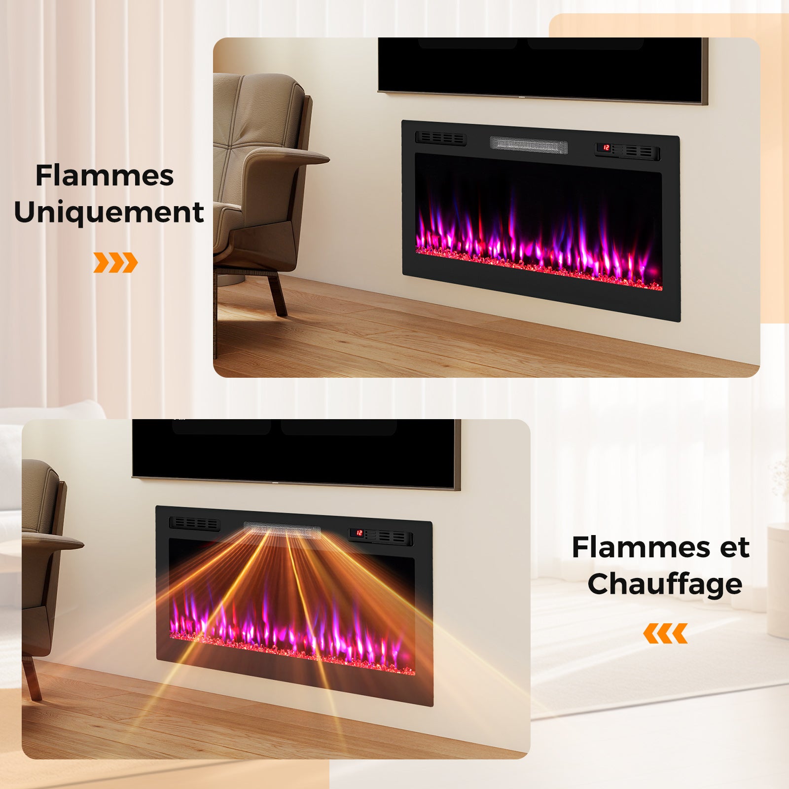 Cheminée Électrique Encastrable/Mural 106,5 CM, Cheminée Chauffage 750W/1500W avec Alexa et Google Assistant, 12 Couleurs & 5 Luminosités, Minuterie - 8