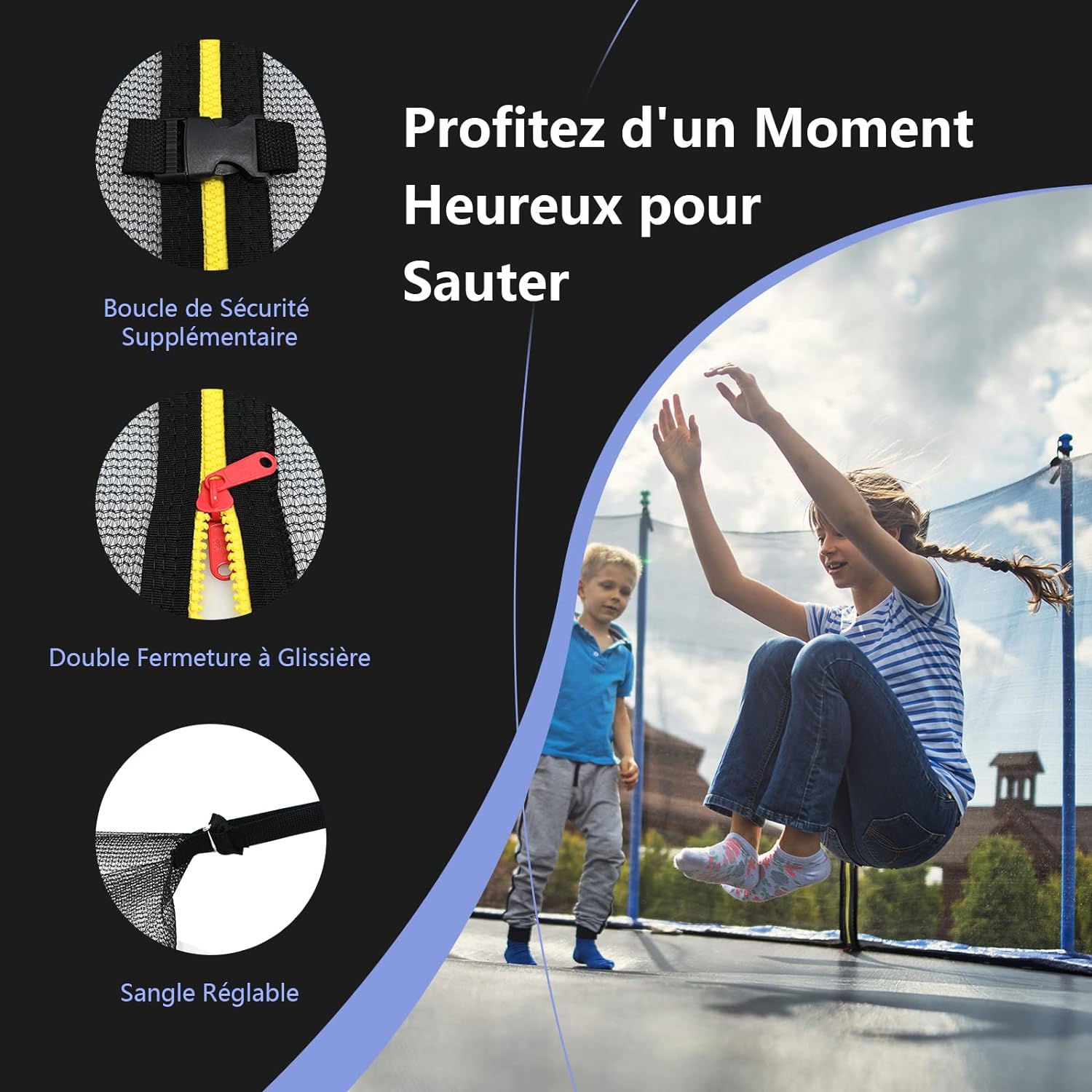 Filet De Sécurité Trampoline + Coussin Protection - Ø 244-427 Cm - 6/8 Poteaux - Enfants - Extérieur Durable