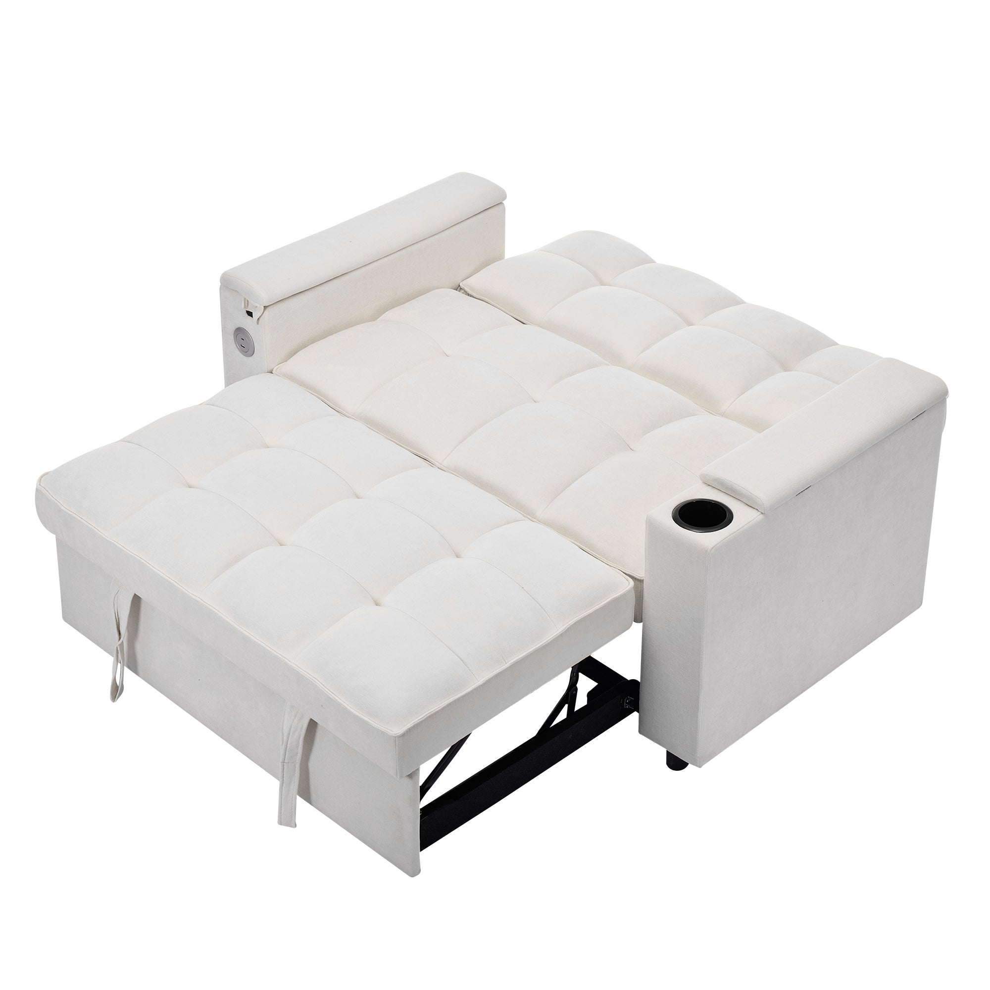 Canapé convertible 2 personnes 140.5x74x82 cm - Dossier réglable - Port USB - Porte-gobelet - Petite table d'appoint - Beige - 7