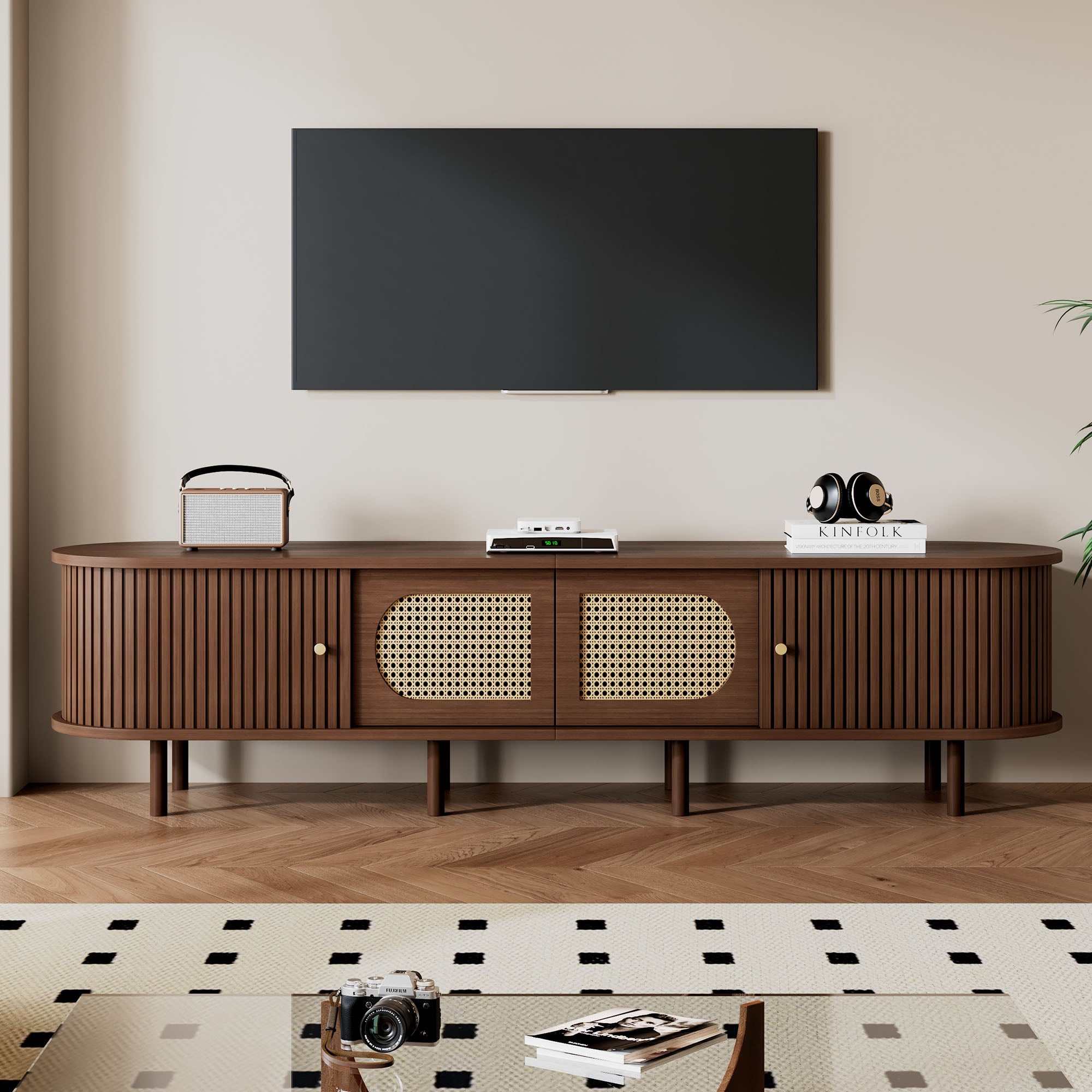 Owalna szafka RTV z 2 drzwiami do telewizorów do 80 cali - 180 x 40 x 40 cm - MDF - Ciemny orzech