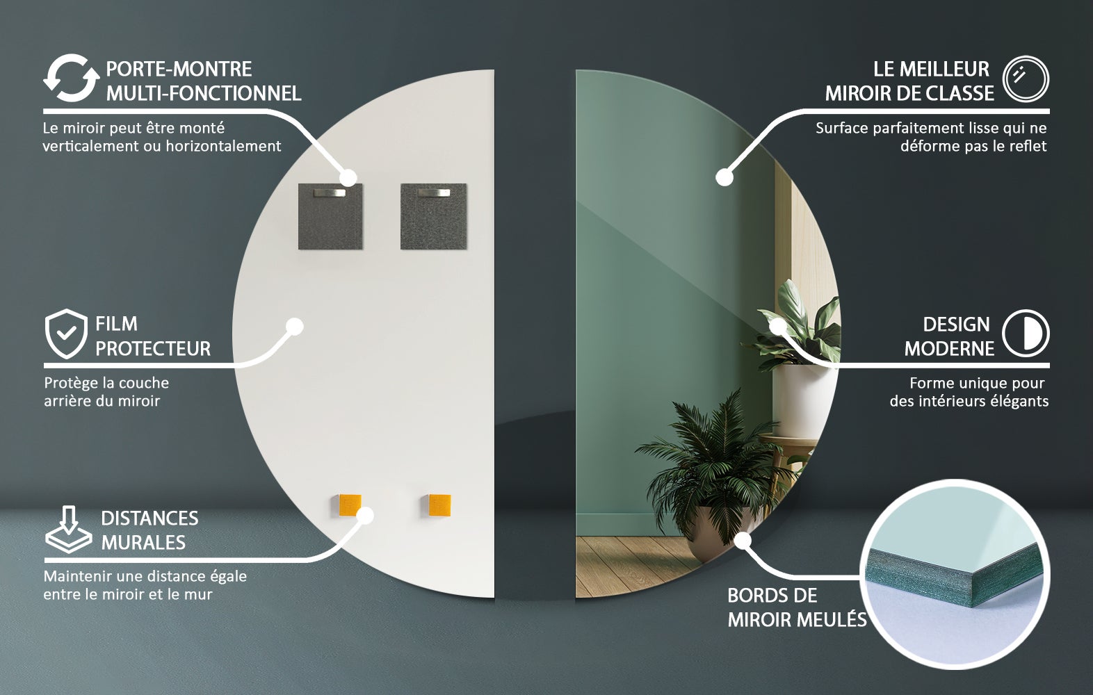 Specchio semicircolare 50x100 cm molto grande design moderno per interni Tulup - 3