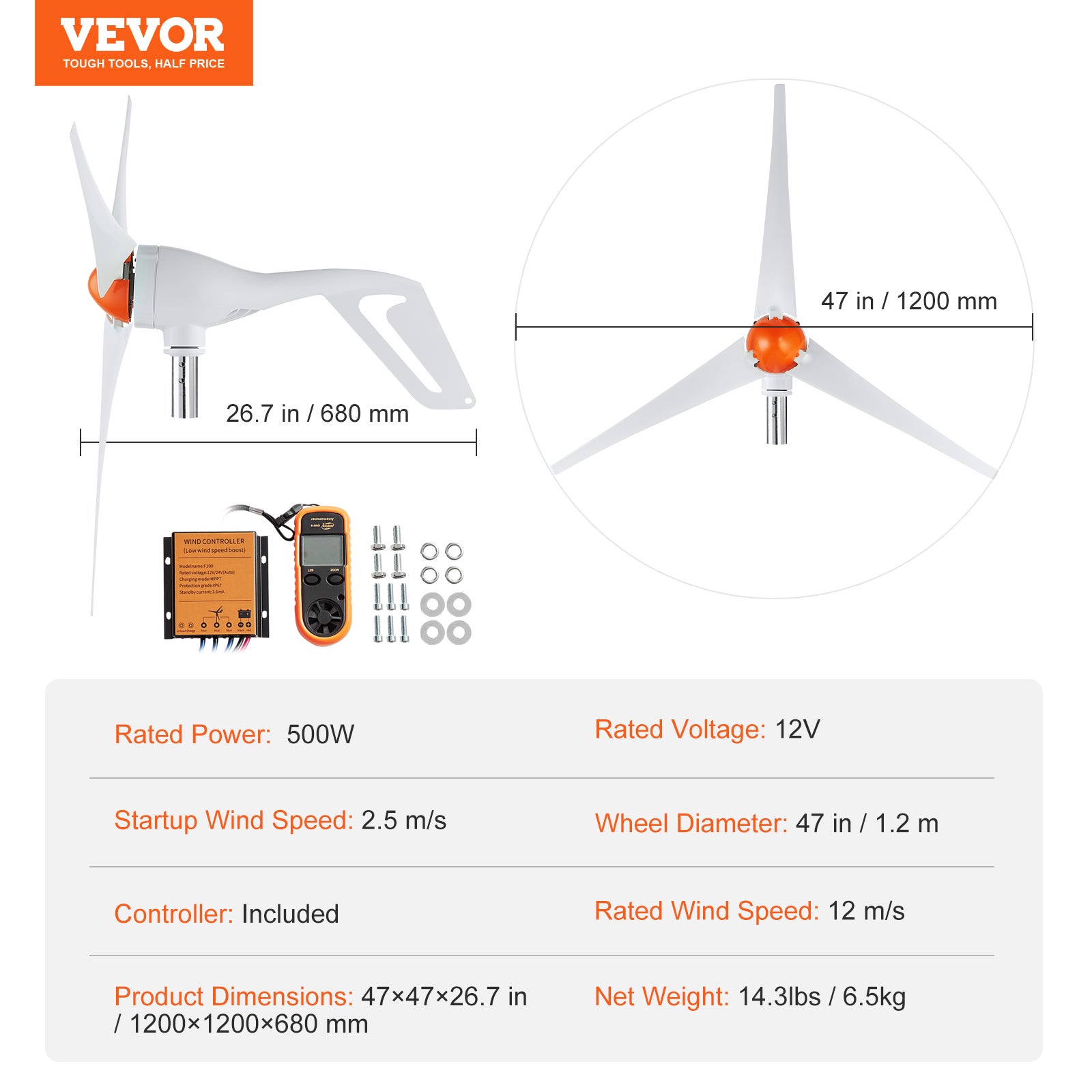 Générateur d'éolienne 500W avec anémomètre, kit d'éolienne 12 V, générateur d'énergie éolienne à 3 pales, contrôleur MPPT adapté pour la maison, VEVOR - 7