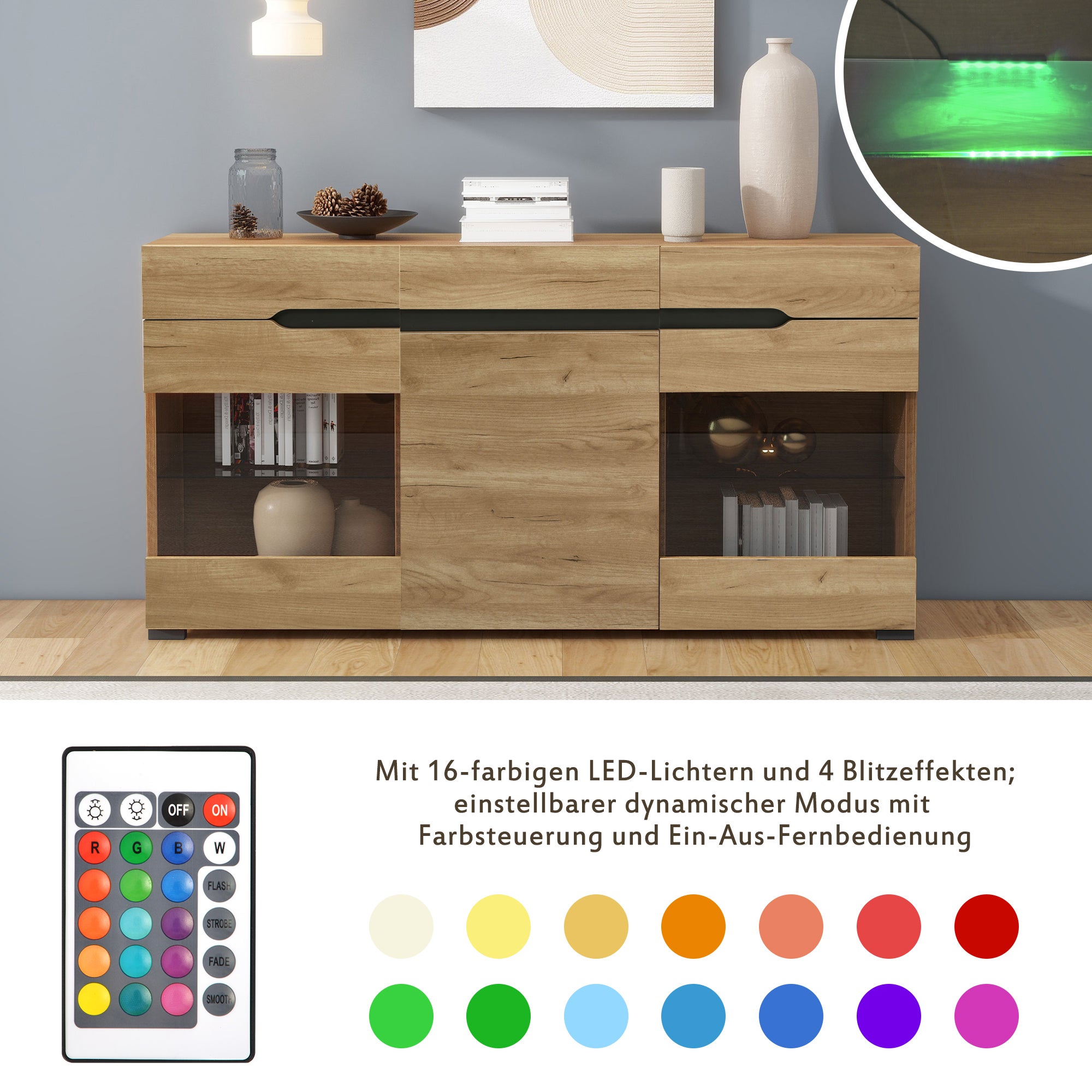 Aparador bajo con LED - 3 puertas y 3 cajones - Natural - 7